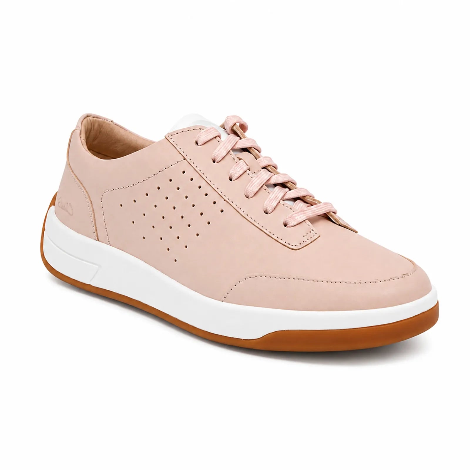 Pink leather women's lace-up sneakers with perforated toe and white rubber sole
