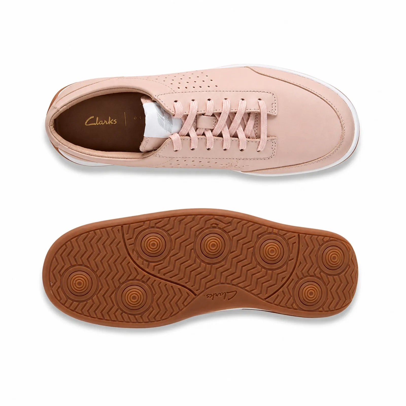 Pink leather lace-up sneaker upper and brown patterned outsole, top and bottom view