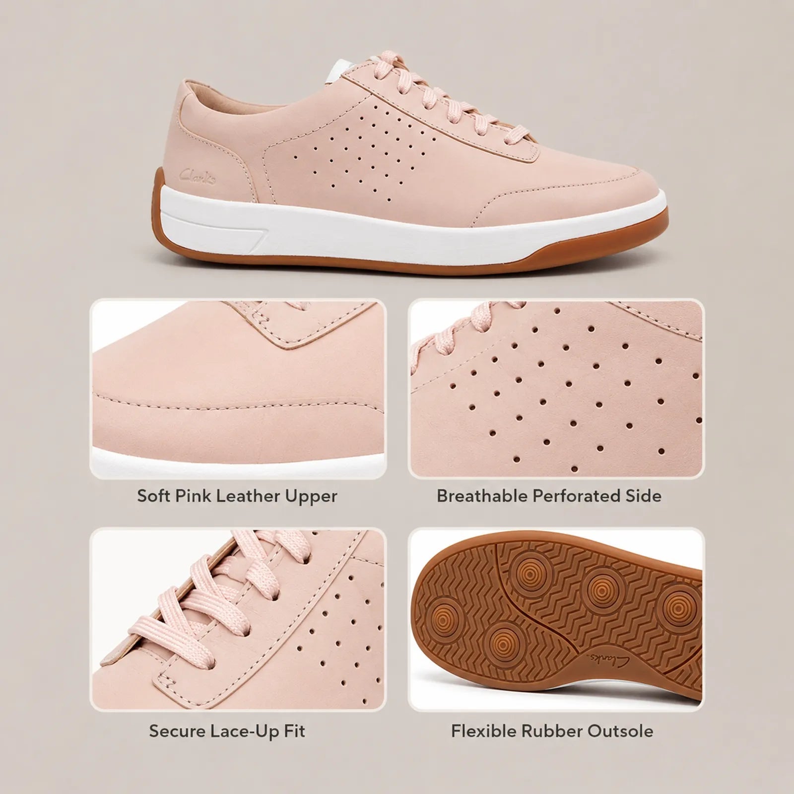 Pink leather lace-up sneaker with perforated side details and flexible rubber outsole