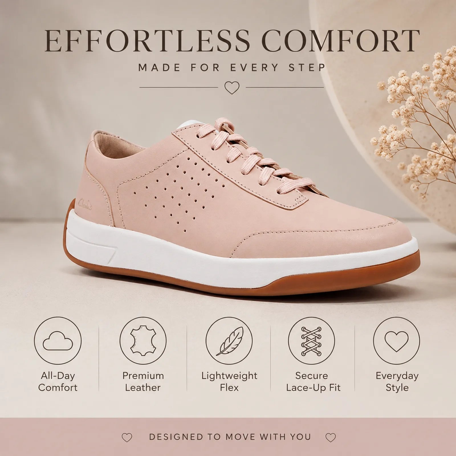 Pink leather women's lace-up sneakers with perforated toe, white sole and gum trim