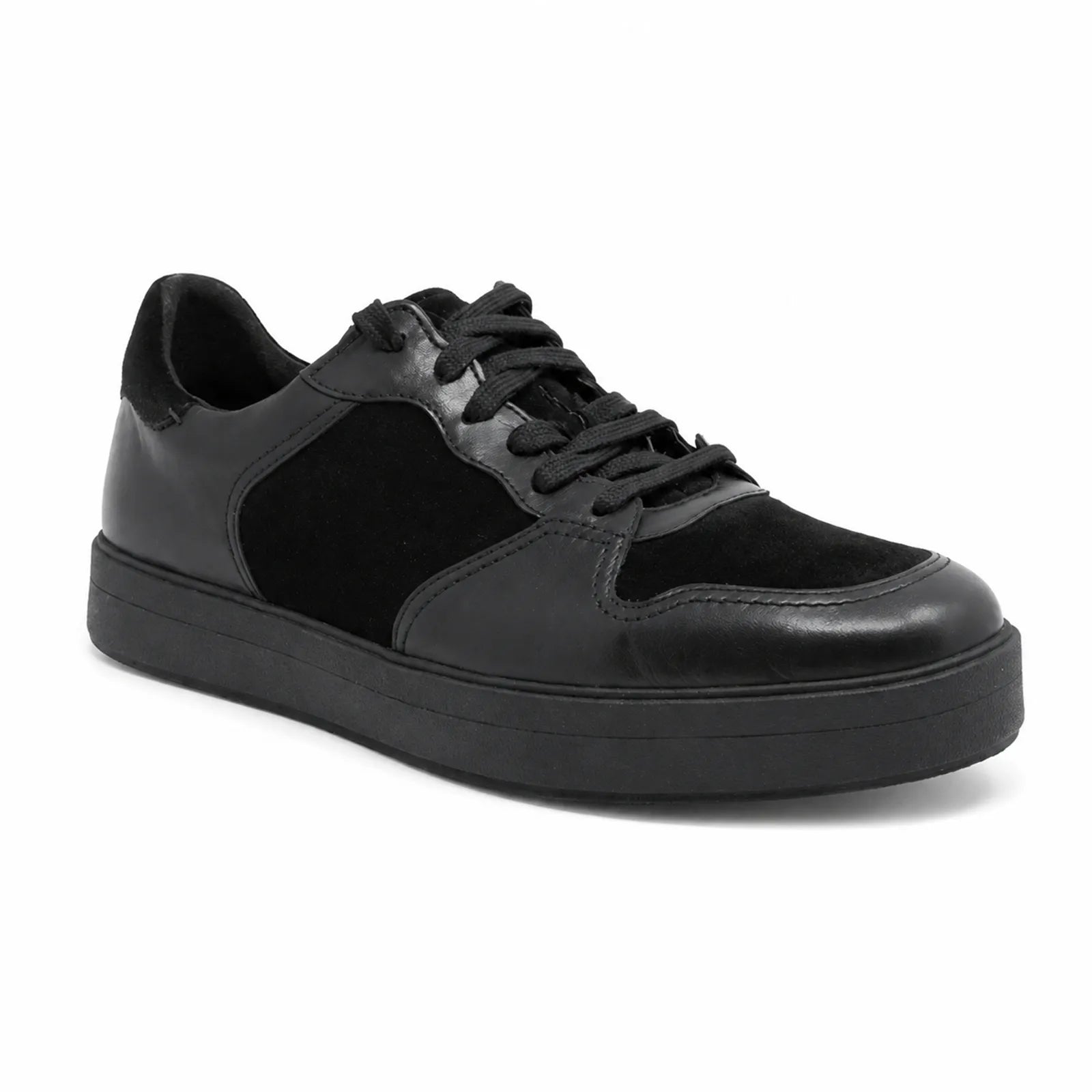 Black leather lace-up men’s sneaker with low-profile rubber sole