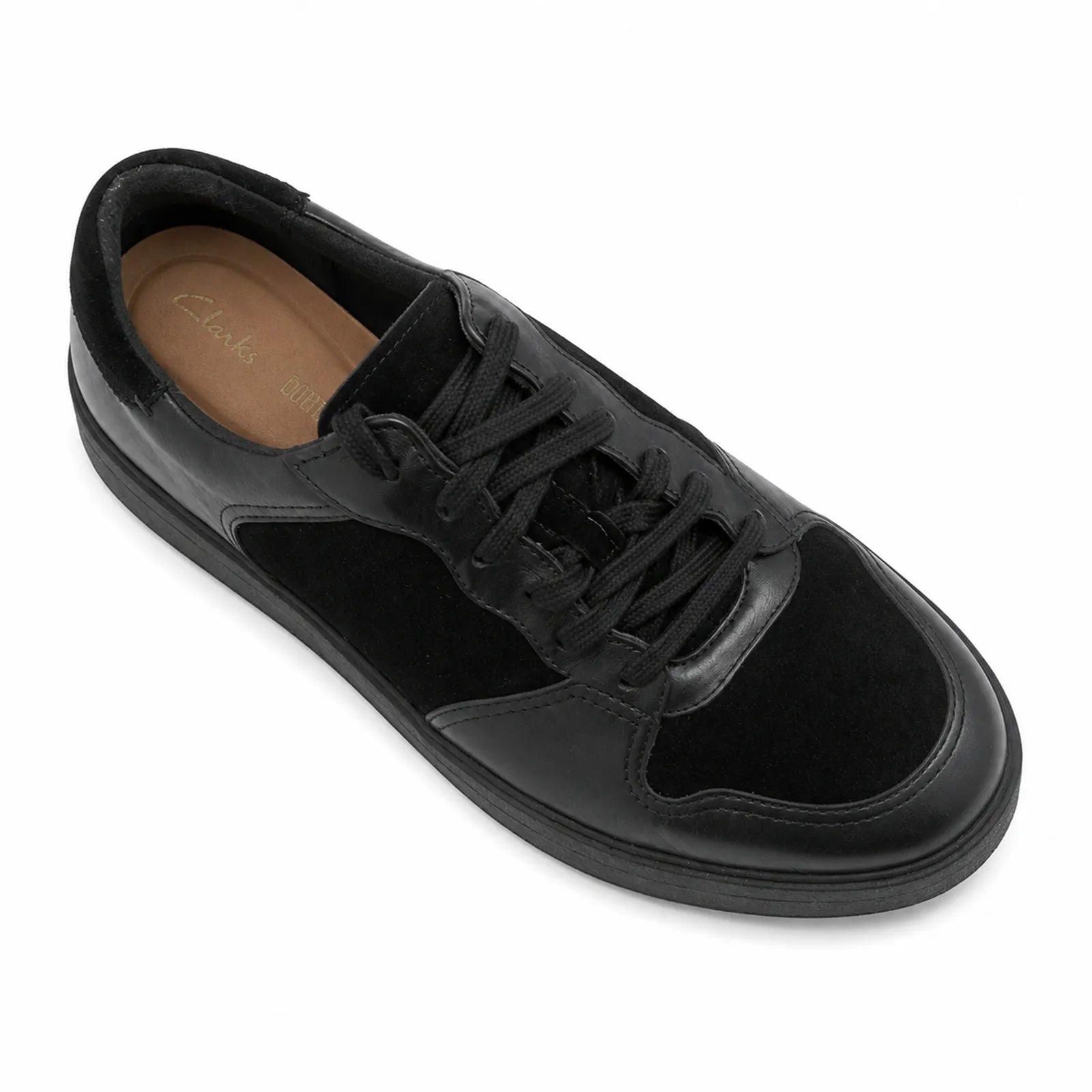 Black leather lace-up sneaker, angled side view with padded collar