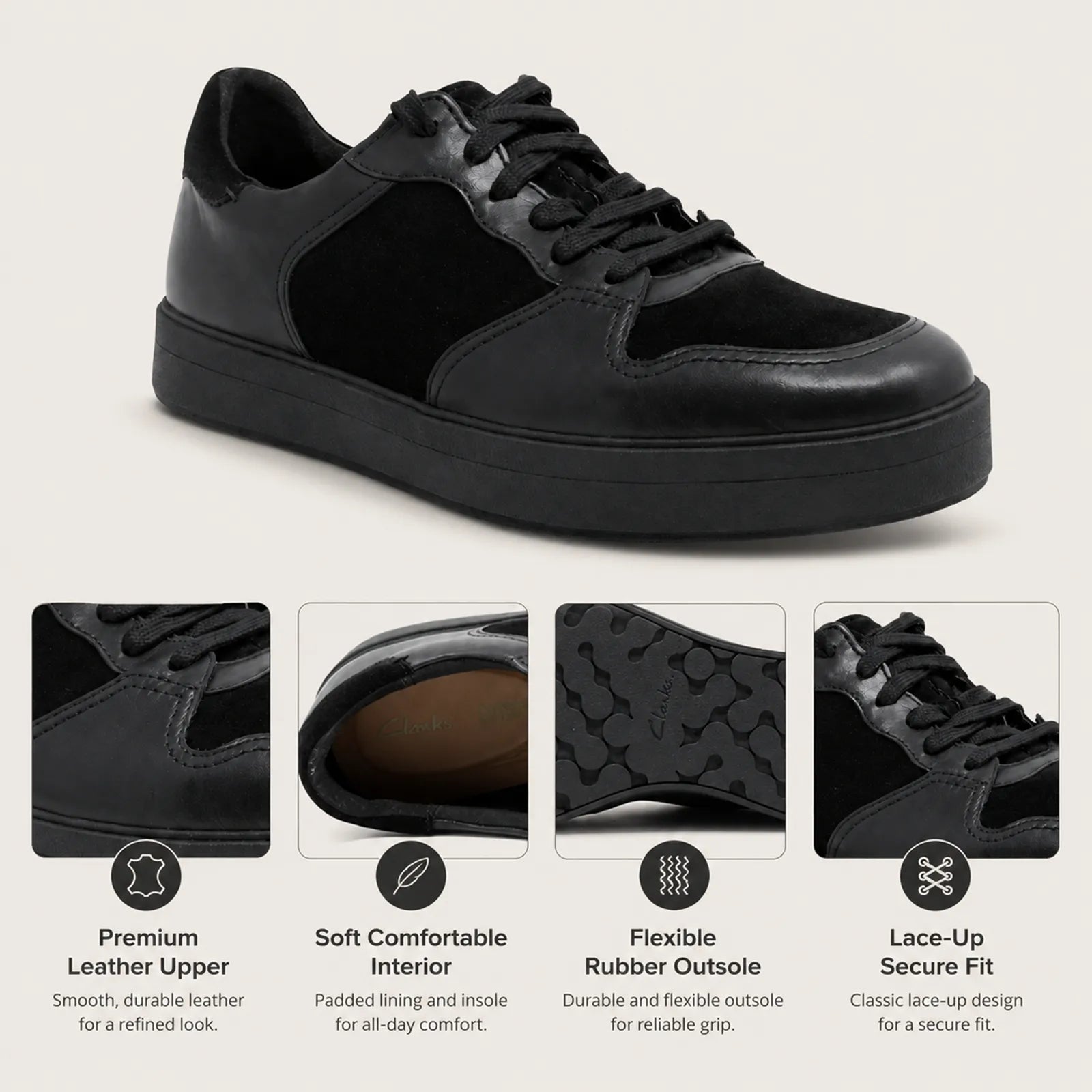 Black leather lace-up sneaker with textured grip outsole and low sole