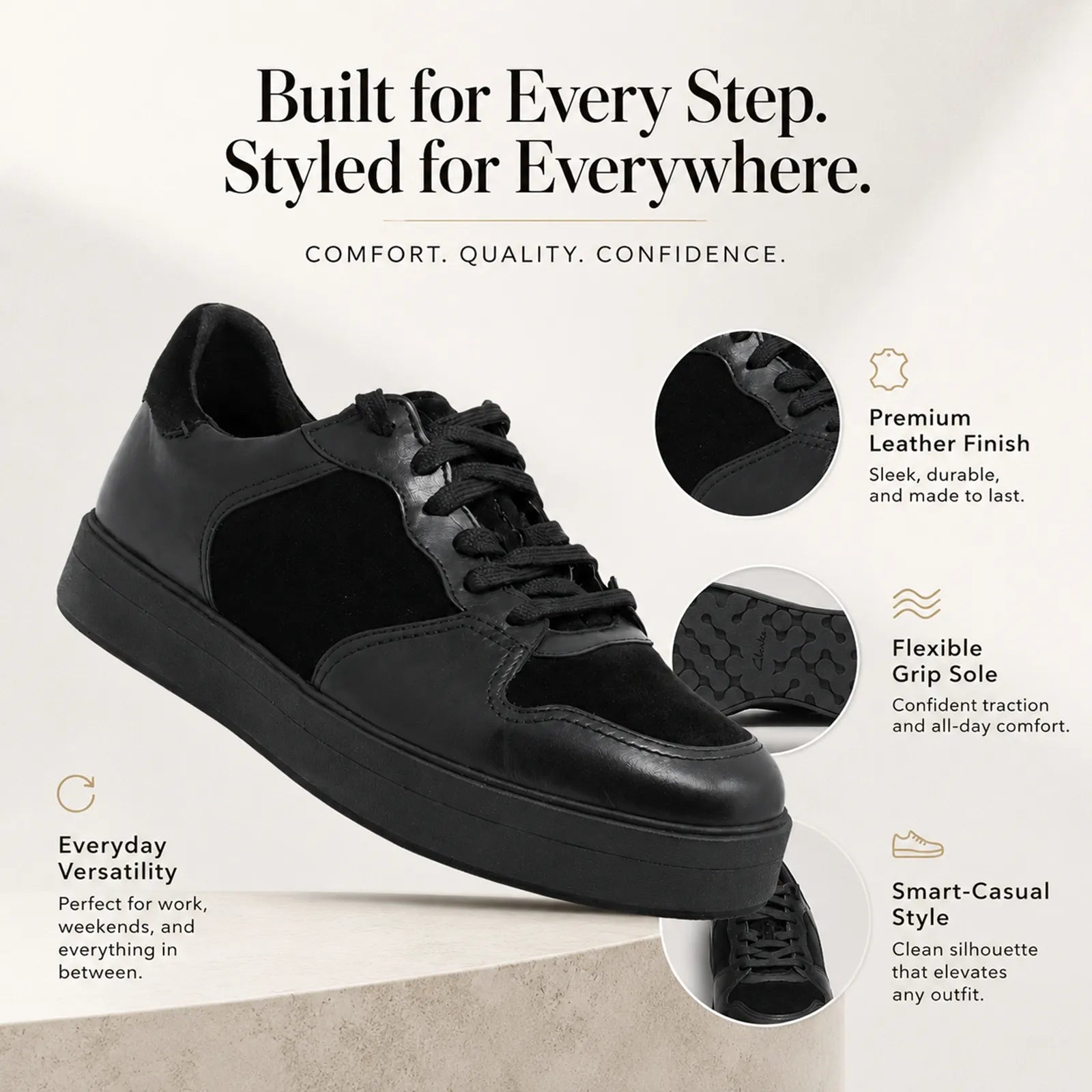 Black leather lace-up sneaker with side profile and textured grip outsole