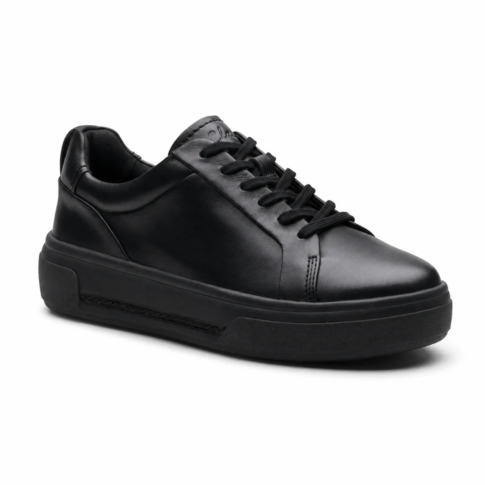 Black leather lace-up platform casual shoes with stitched panels and low profile