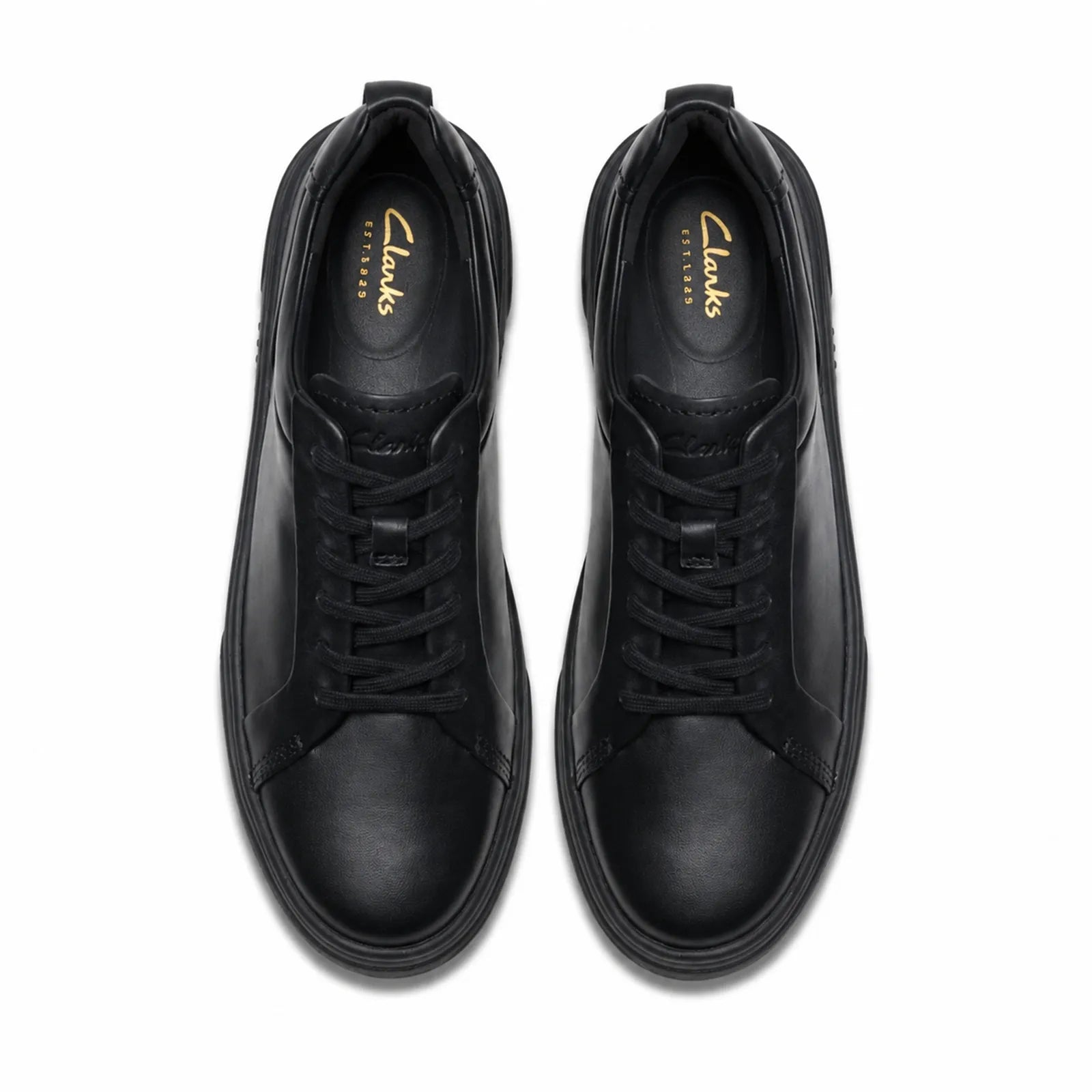 Black leather lace-up shoes, front view with classic laces and padded collar