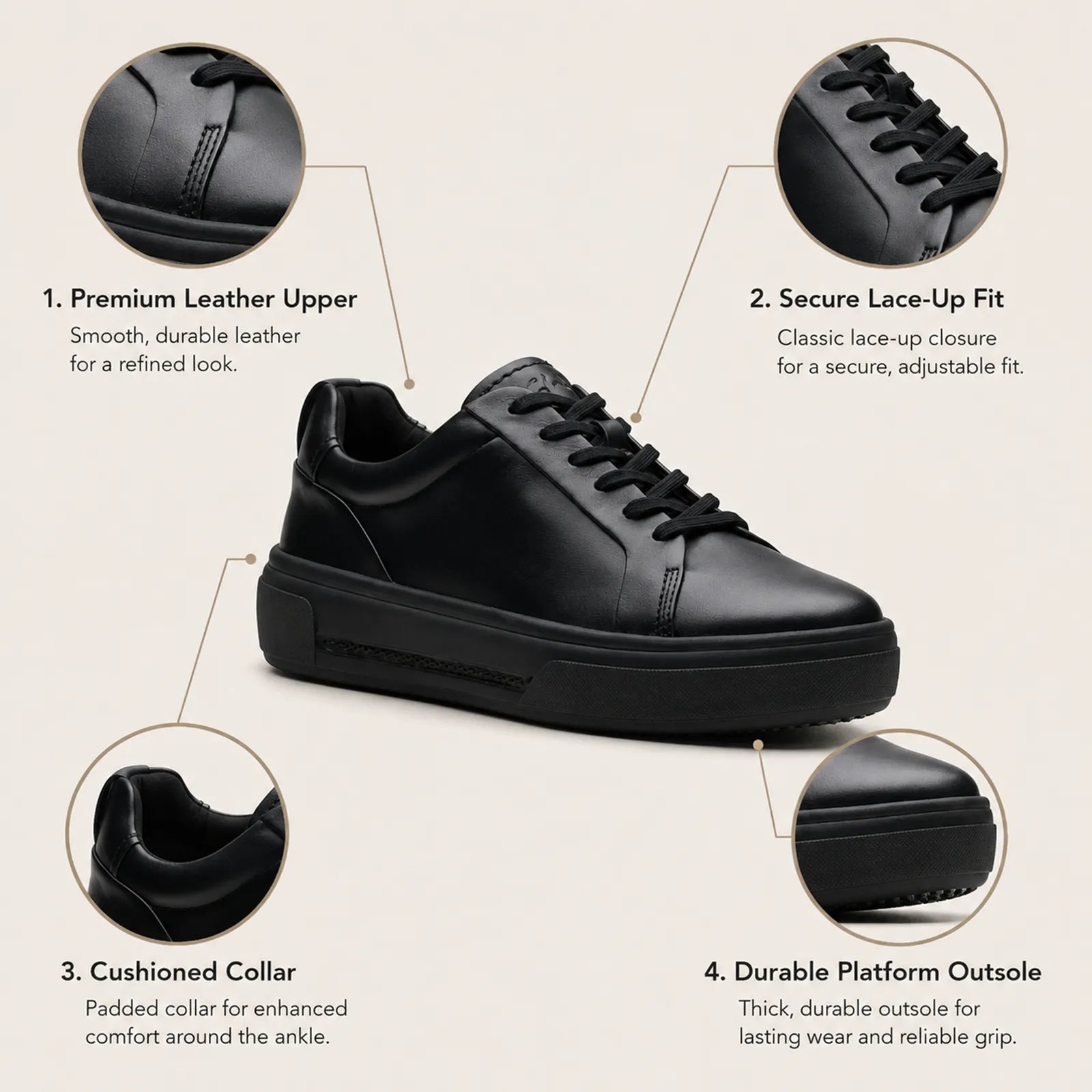 Black leather lace-up platform shoe features: leather upper, secure laces, cushioned collar, grip