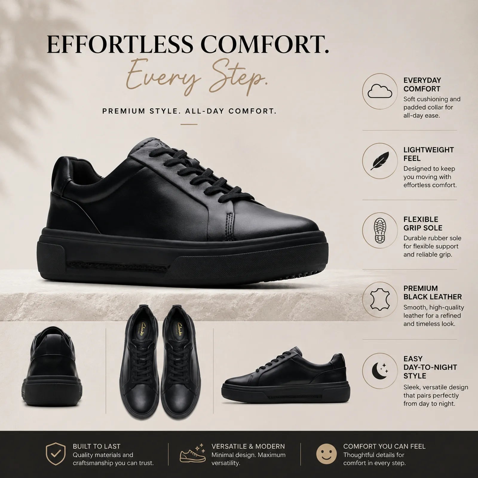 Black leather lace-up walk shoes with padded collar and chunky platform sole