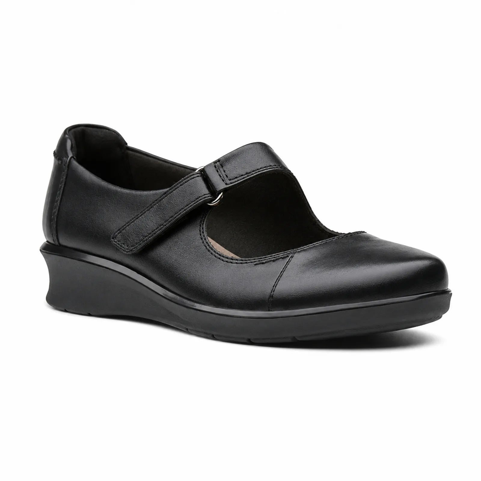 Black leather women's loafer with adjustable strap and cushioned wedge sole