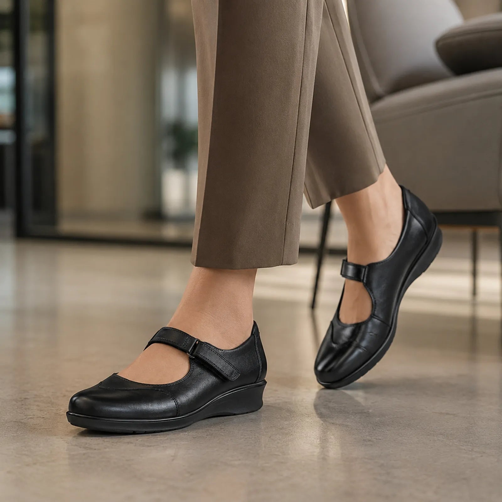 Black leather loafers with adjustable strap and low wedge sole under cropped pants