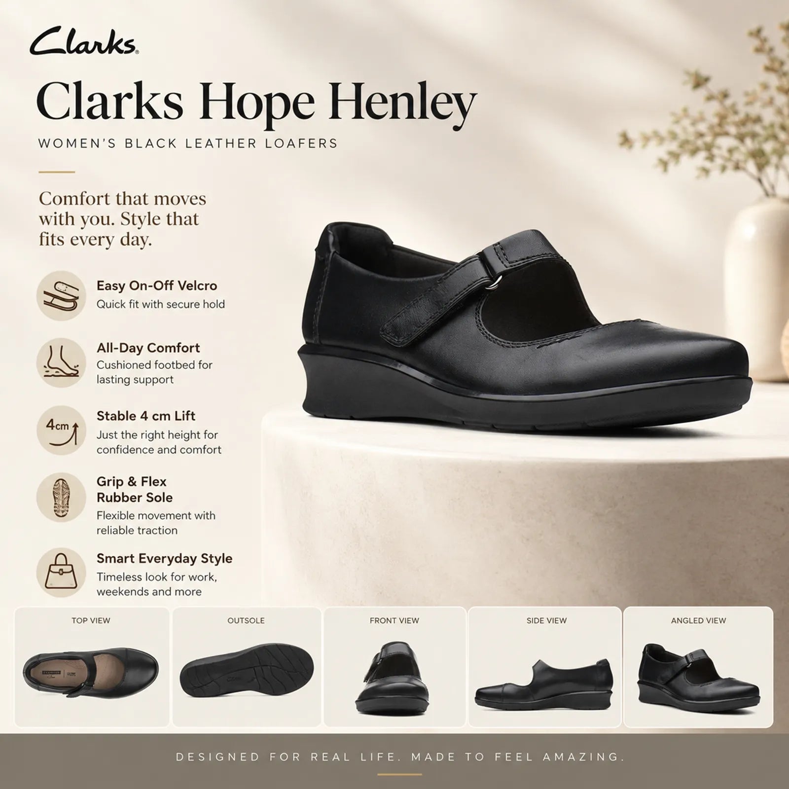 Black leather women's loafer with Velcro strap and low-profile wedge sole