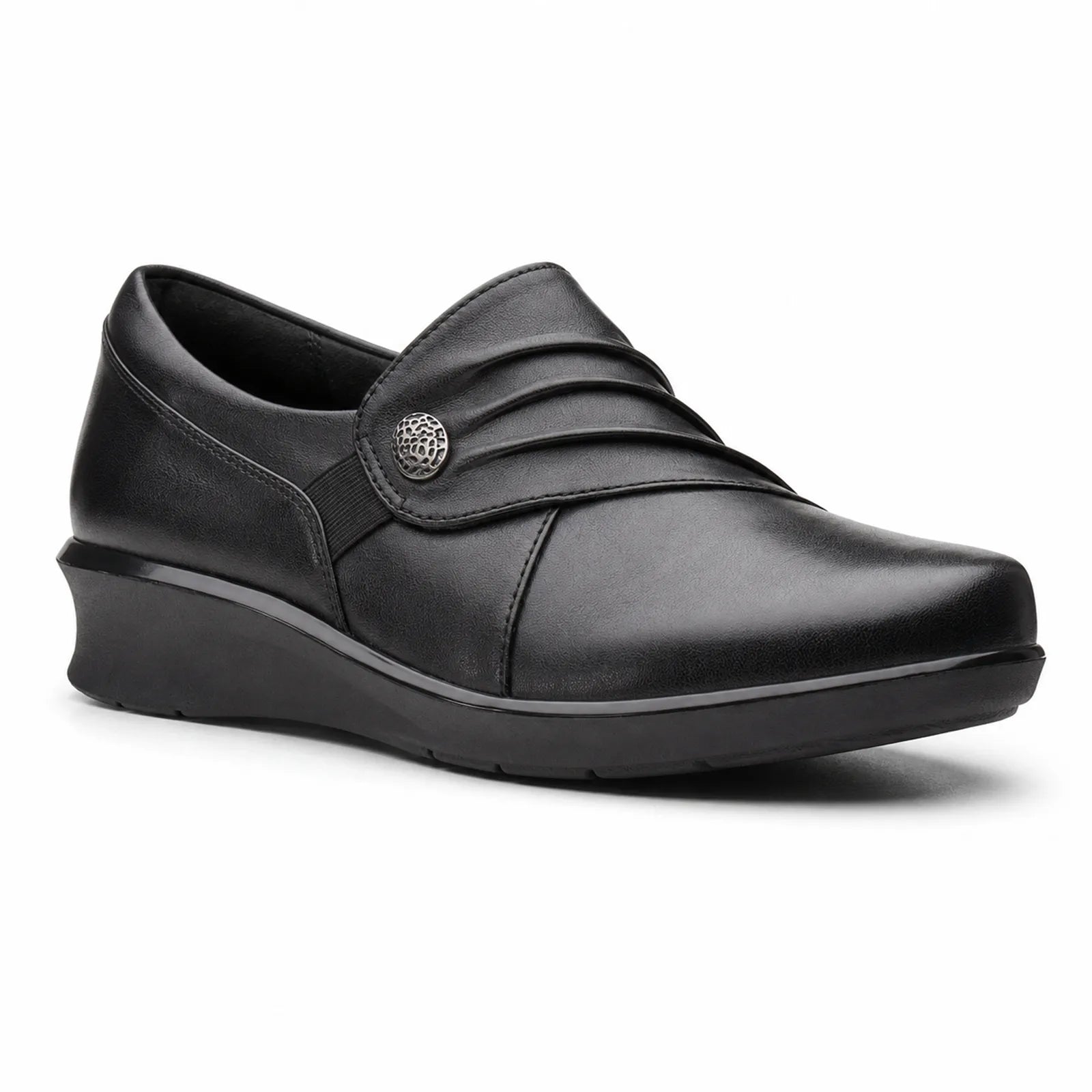 Black leather women's slip-on loafer with rounded toe and elastic gore detail