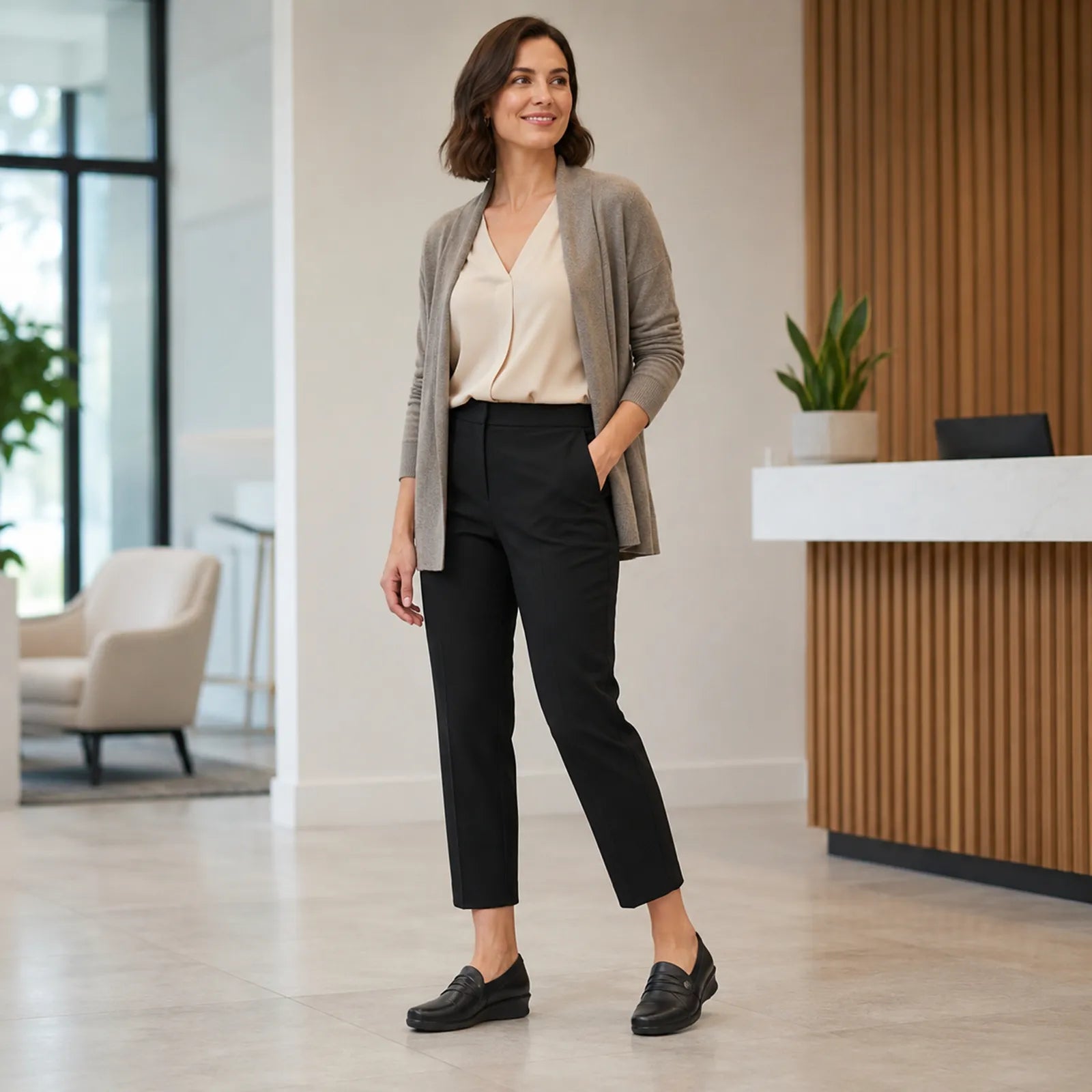 Women’s slip-on loafers worn with black pants, side view
