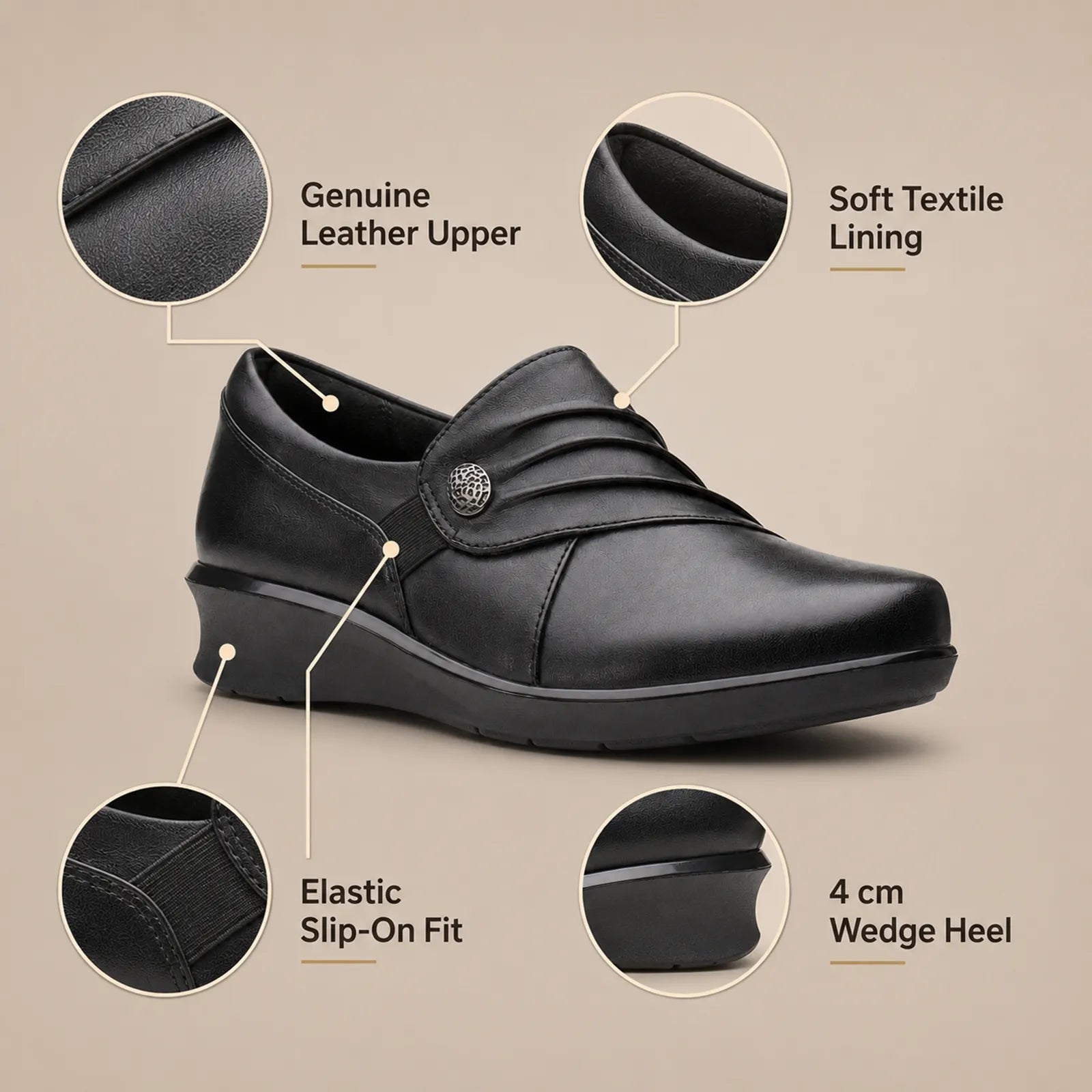 Black leather slip-on loafer with round button detail and cushioned wedge sole