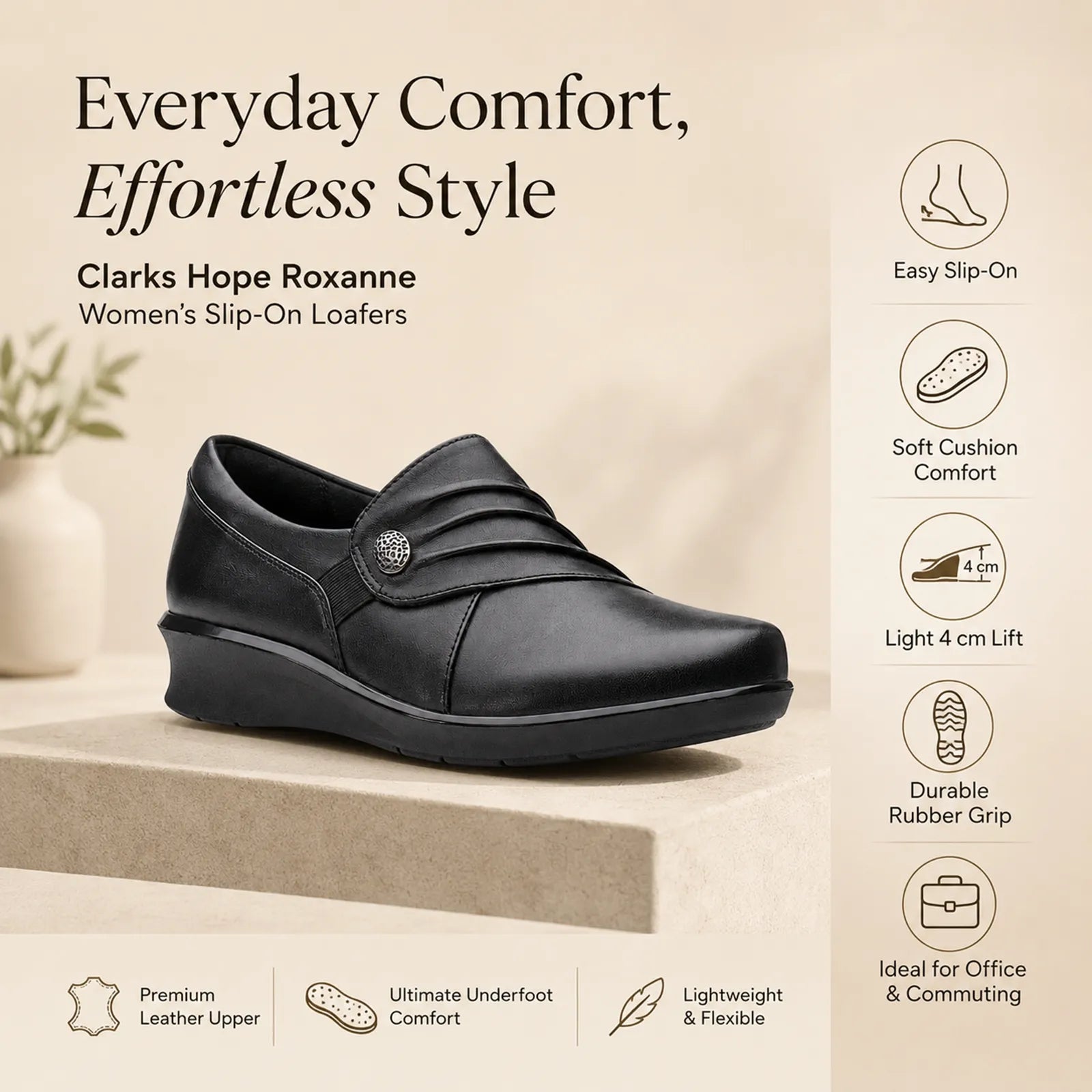 Black leather slip-on loafer with decorative round button and wedge platform sole