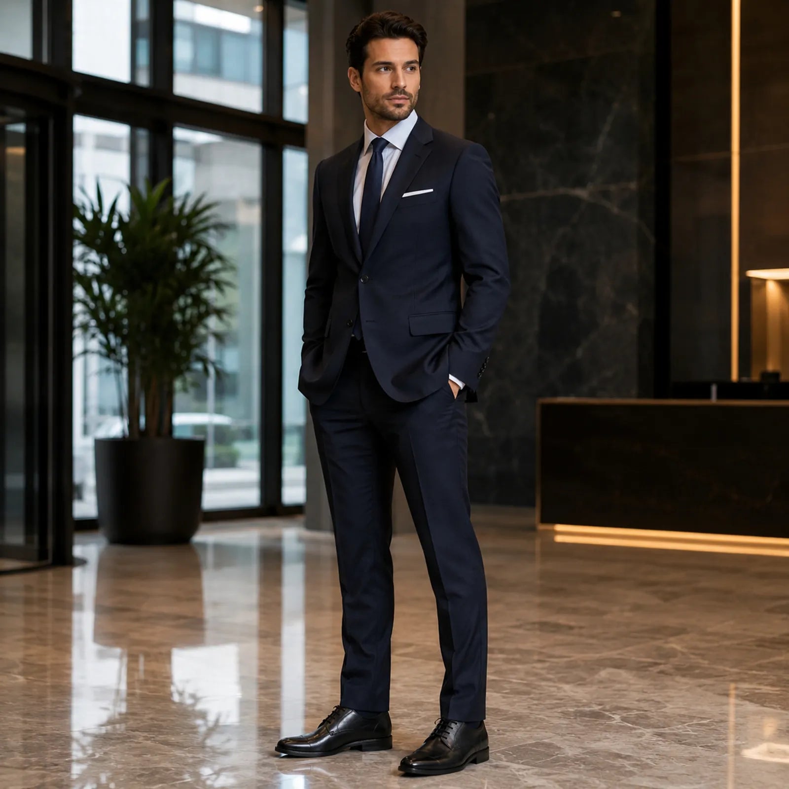 Men's black leather lace-up dress shoes worn with tailored suit trousers