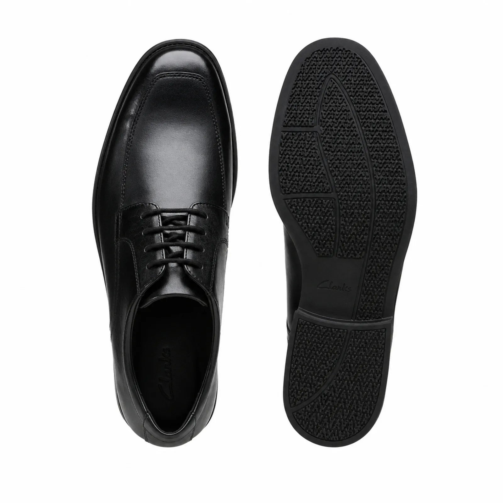 Men's black leather lace-up shoes, front and outsole views