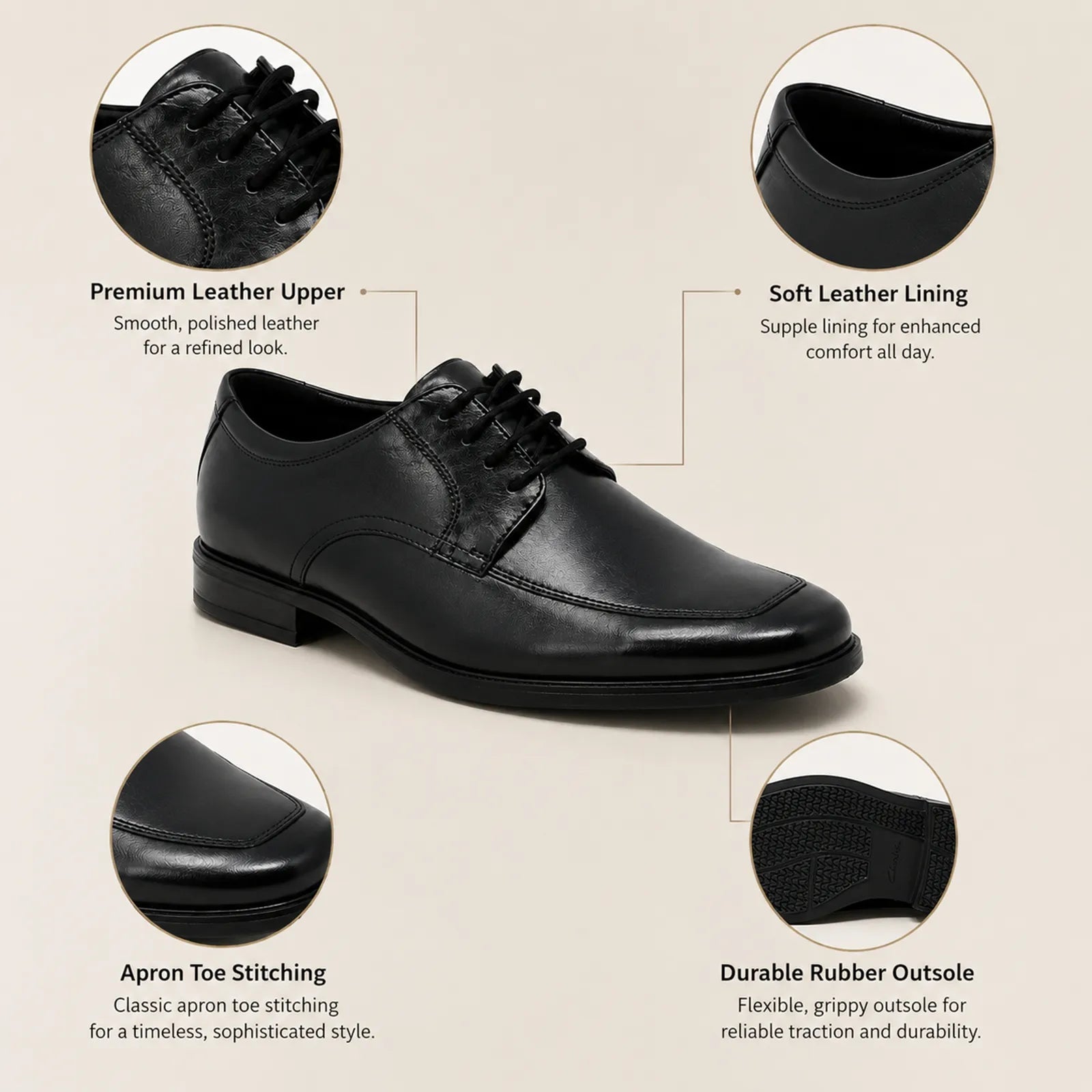 Men's dark leather lace-up business shoe with apron toe and rubber sole