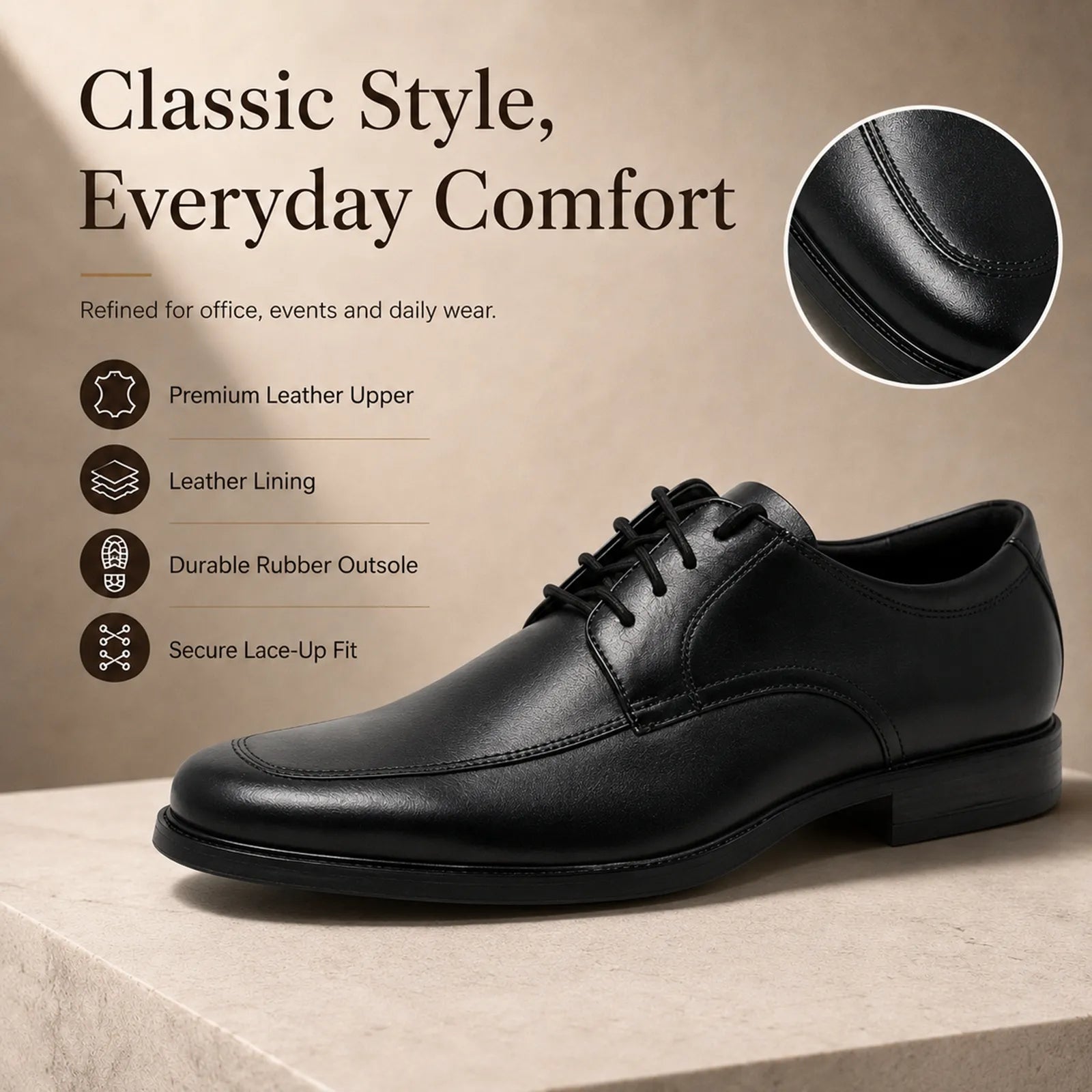 Men's black leather lace-up dress shoe with apron toe and low profile sole