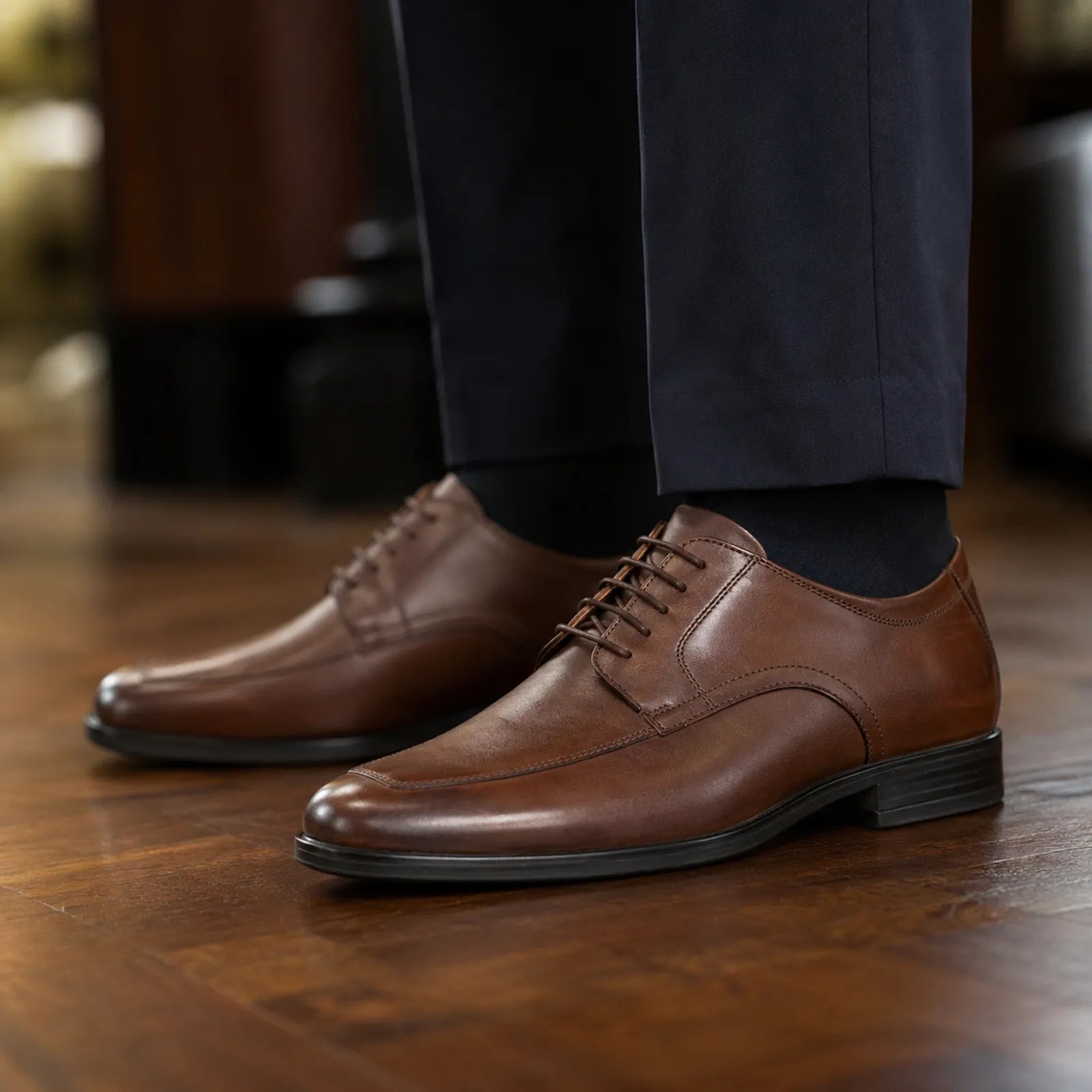 Men's dark brown leather lace-up dress shoes with durable low-profile sole