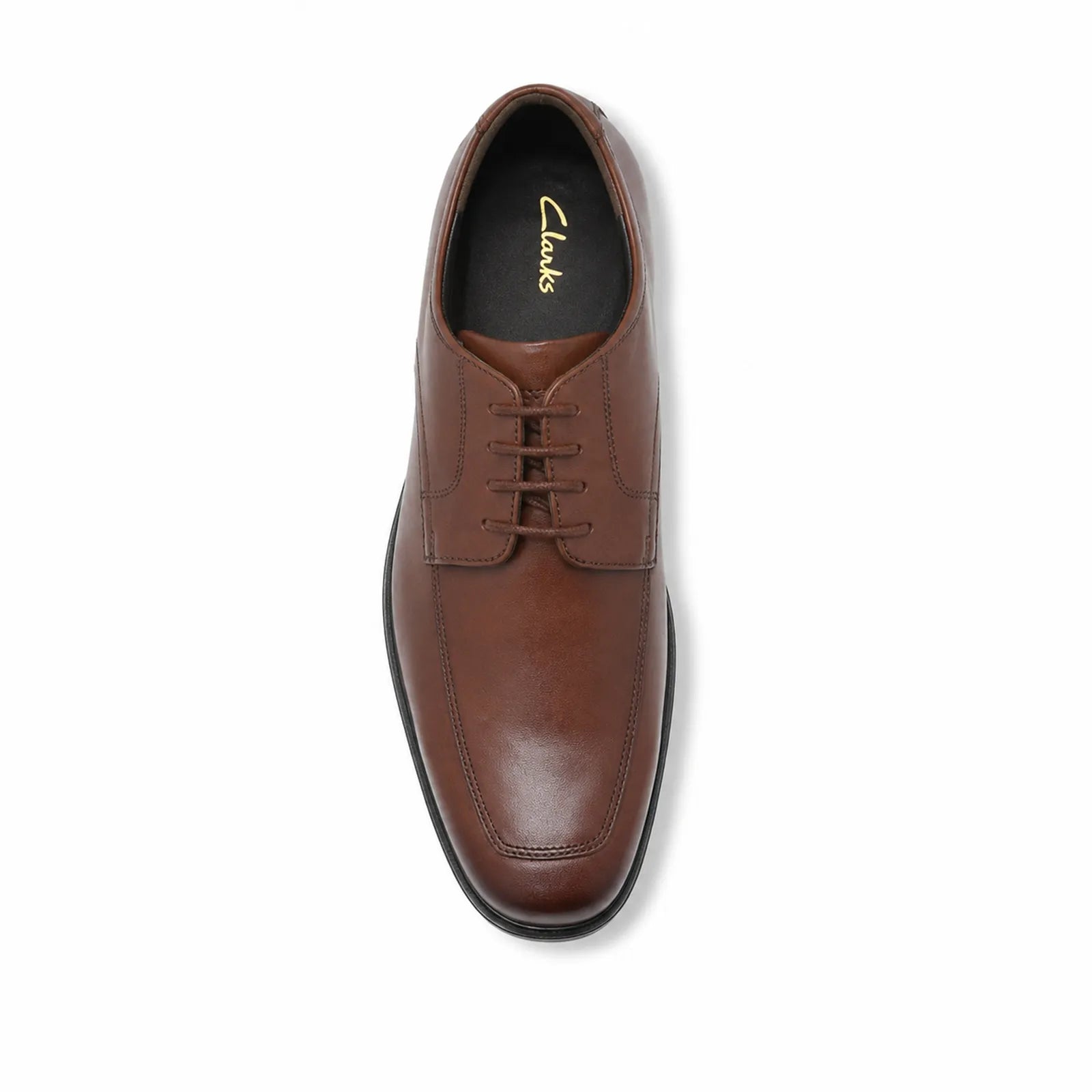 Men's dark brown leather lace-up dress shoes, side view with contrast stitching