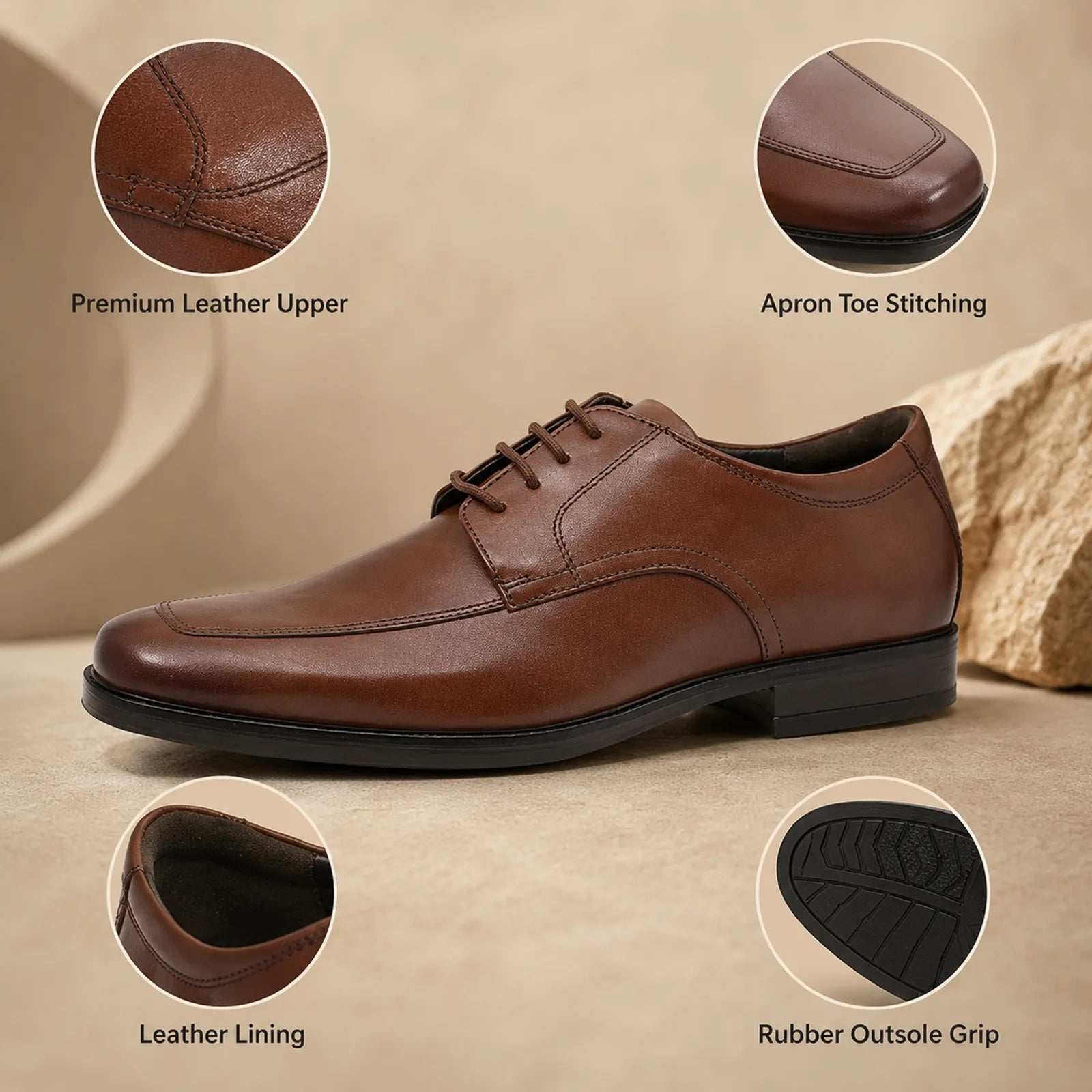 Men's dark brown leather lace-up business shoes with apron toe and rubber outsole