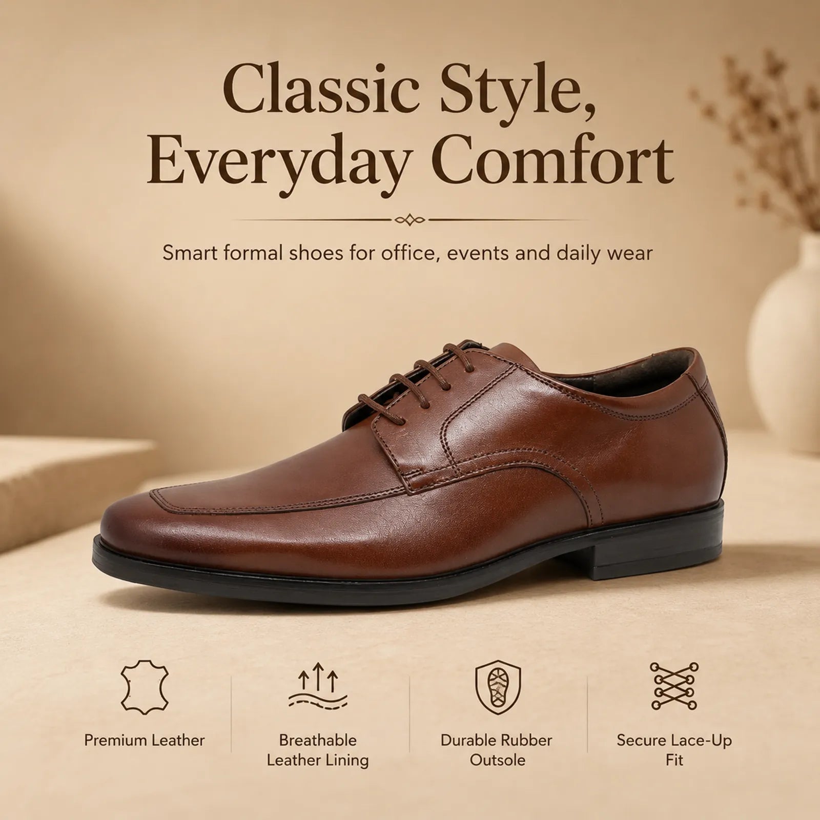 Men's dark brown leather lace-up formal shoes with low heel and secure fit