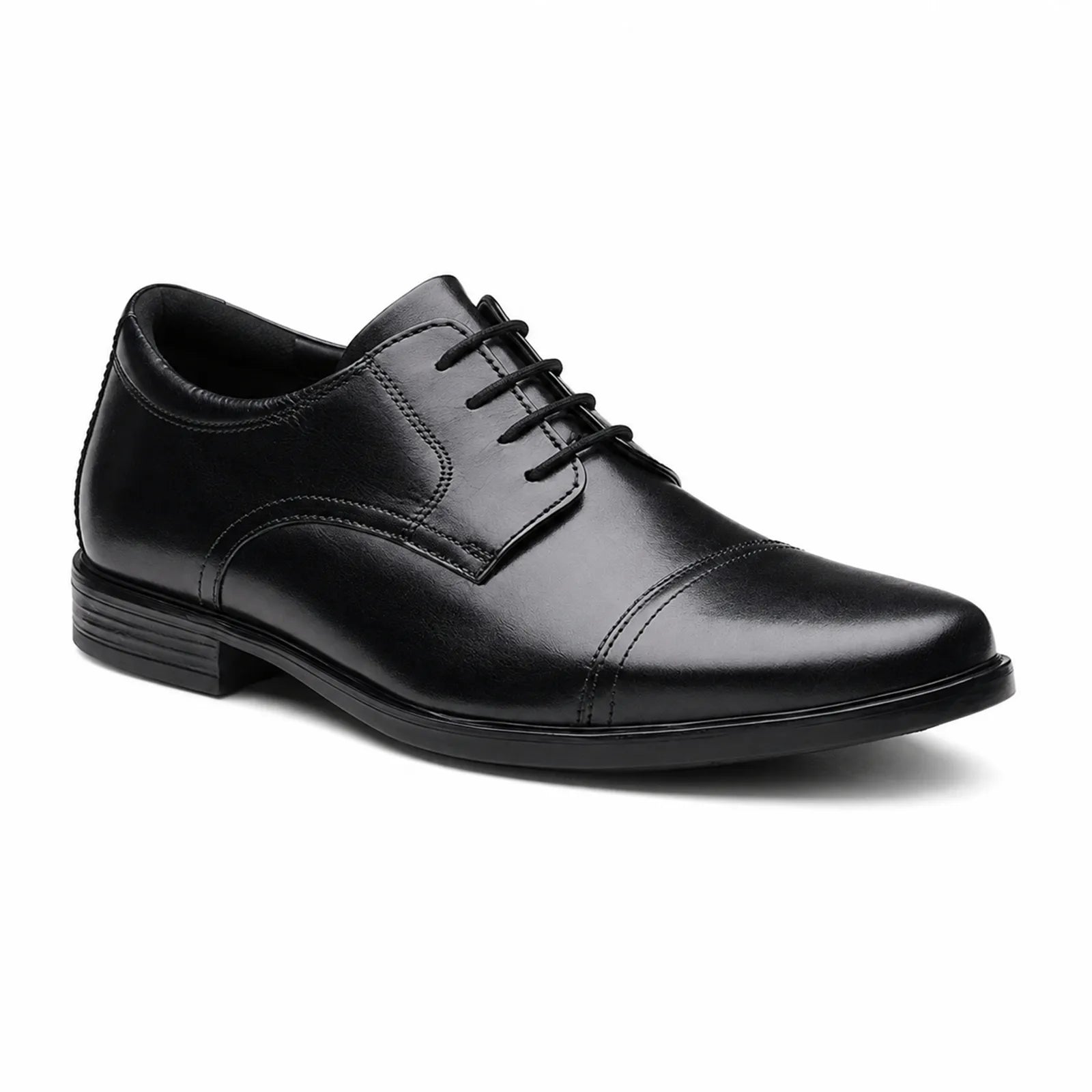 Men's black leather business shoe, lace-up with cap-toe styling