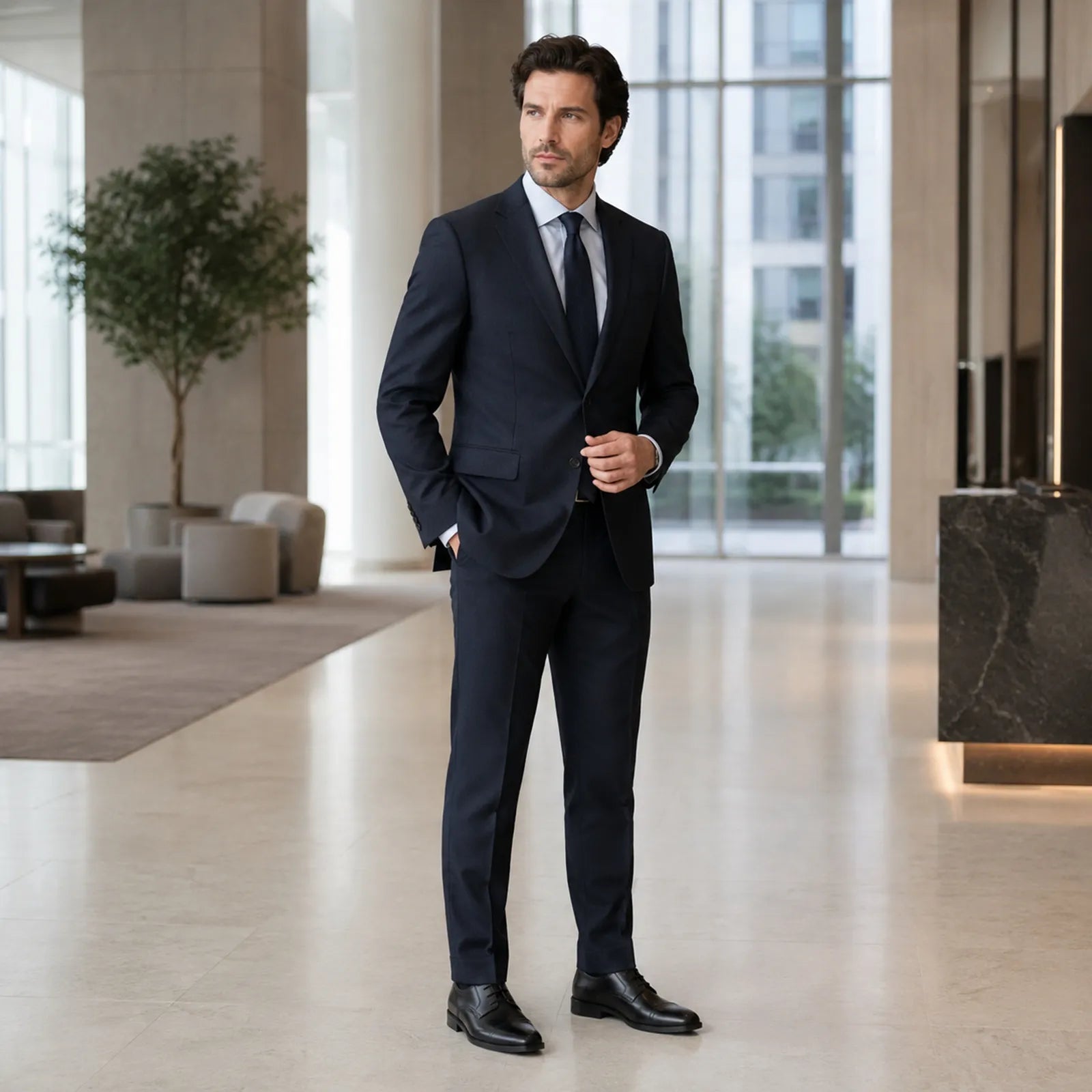 Men's black leather lace-up office shoe on model, cap-toe and low heel
