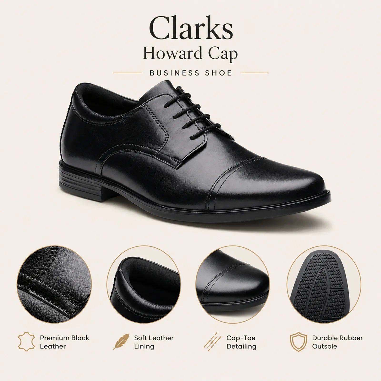 Men's black leather business shoe, lace-up with smooth finish and cap toe