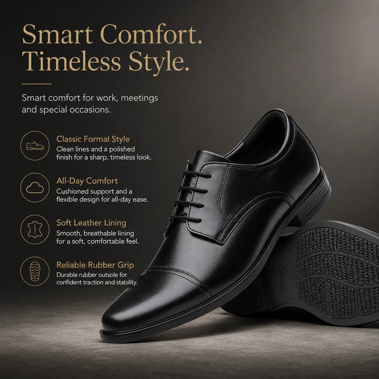 Men's black leather dress shoe, lace-up with rubber grip outsole