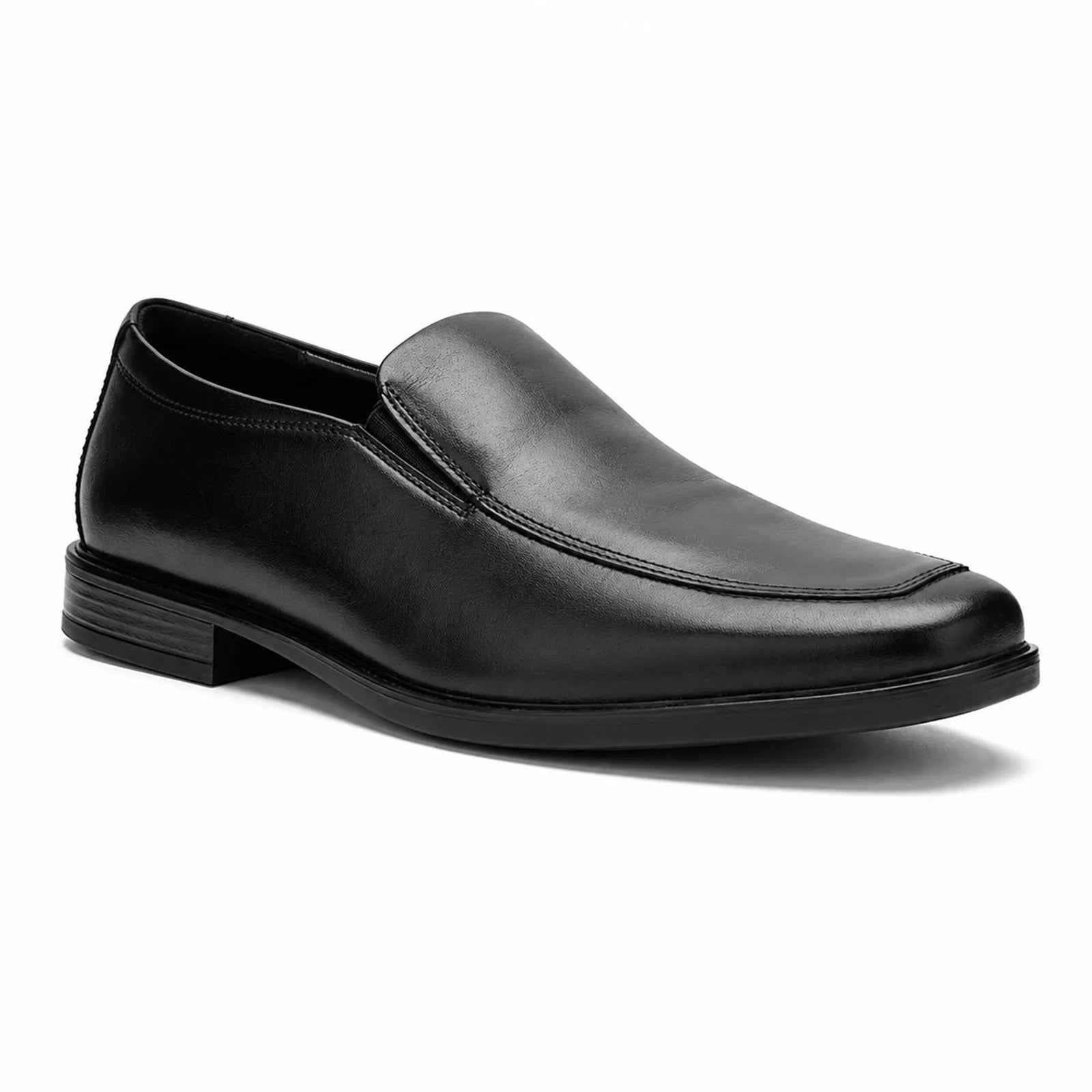 Men's black leather slip-on business shoes, rounded toe and low block heel