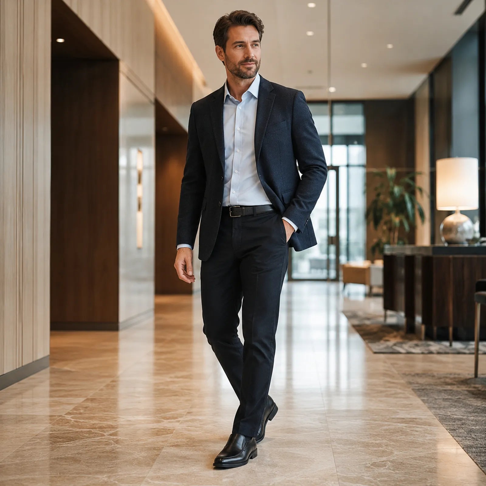 Men's black leather slip-on business shoes worn with a suit, low block heel