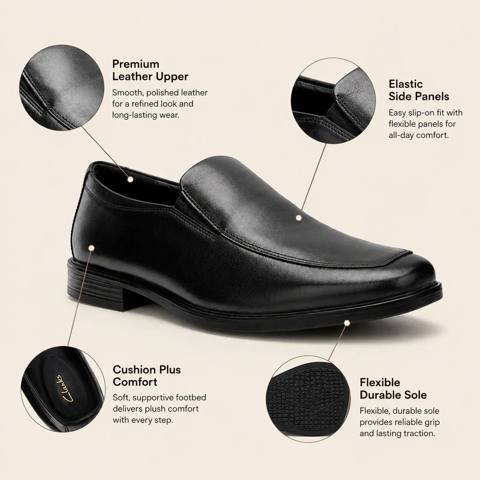 Men's black leather slip-on business shoes with side gore and low block heel