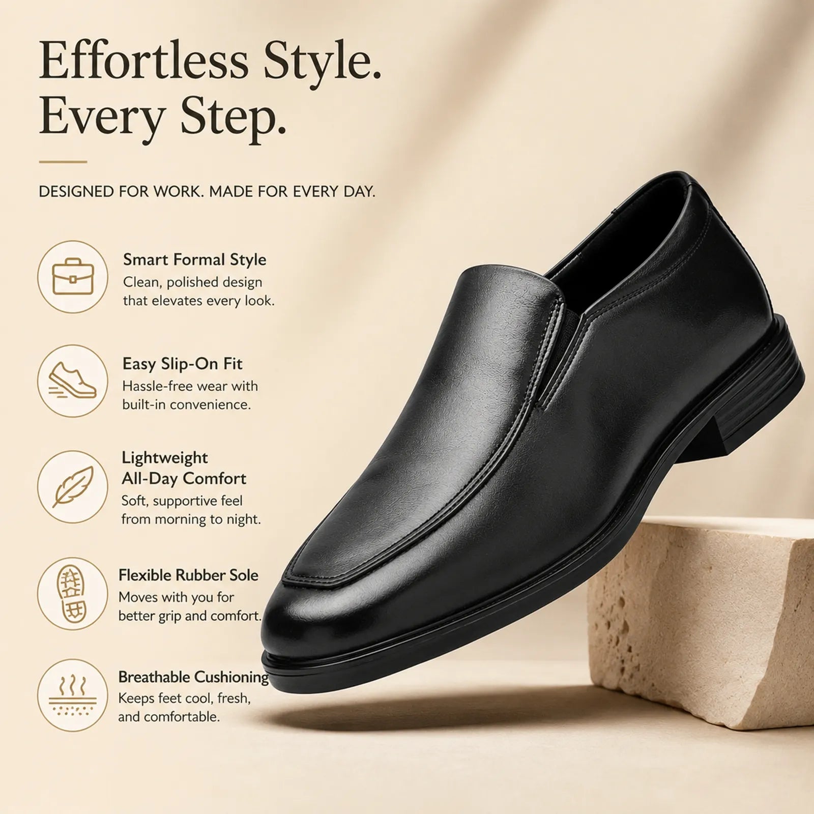 Black leather slip-on business shoes with smooth upper and low block heel