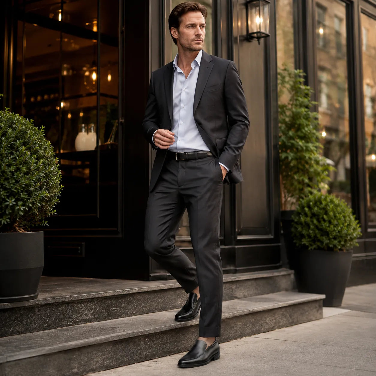 Black leather slip-on business shoes on model, rounded toe and low heel