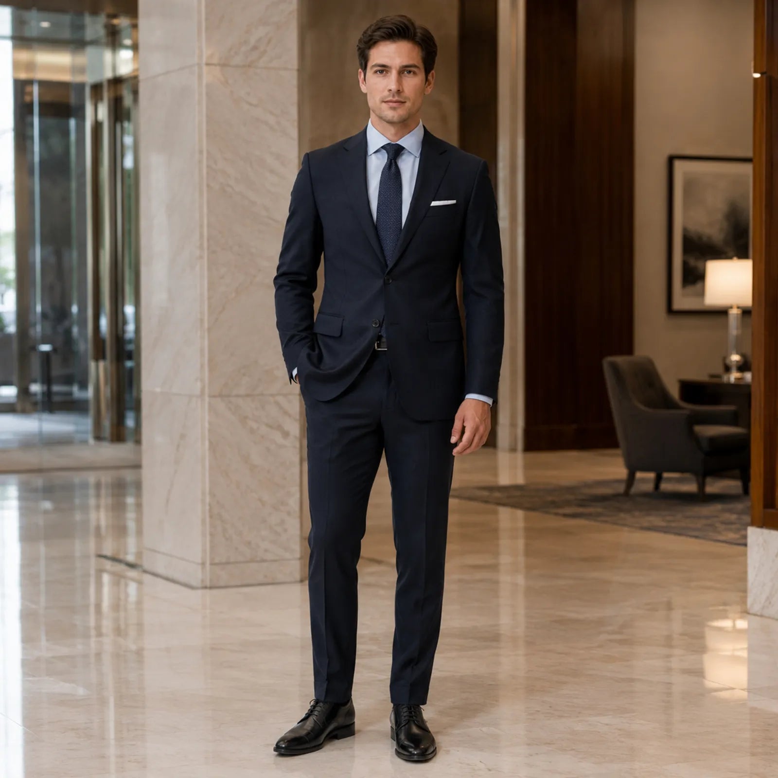 Men's black leather lace-up dress shoes on a standing model
