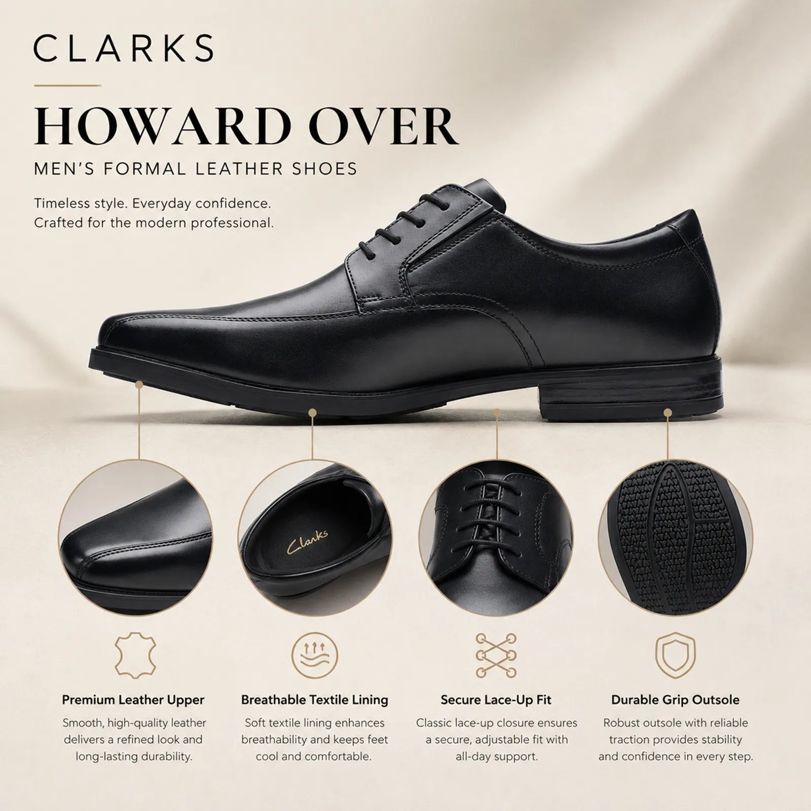 Men's black leather lace-up business shoe side view with product callouts