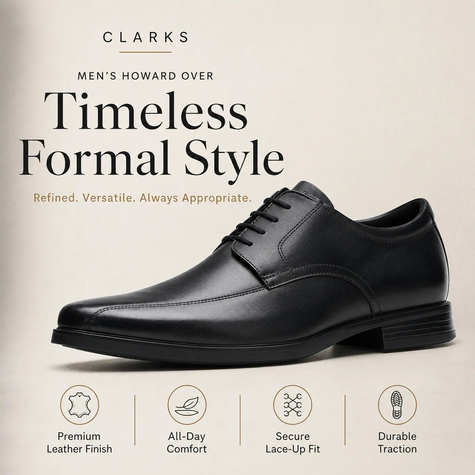 Men's black leather lace-up formal dress shoe with feature icons