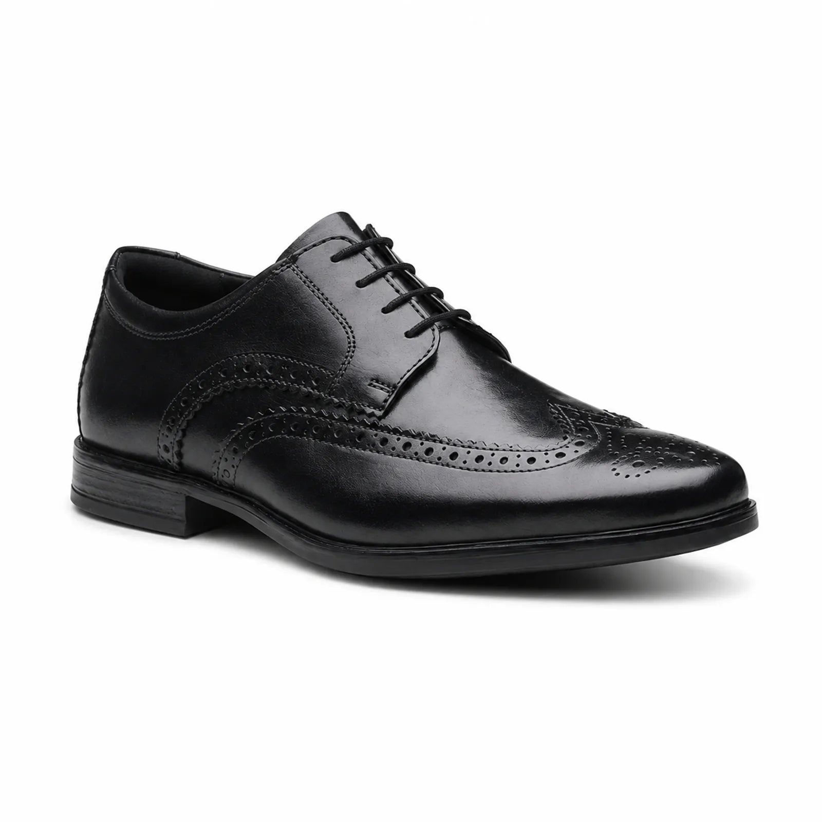 Black leather brogue derby shoes with lace-up closure and wingtip detailing