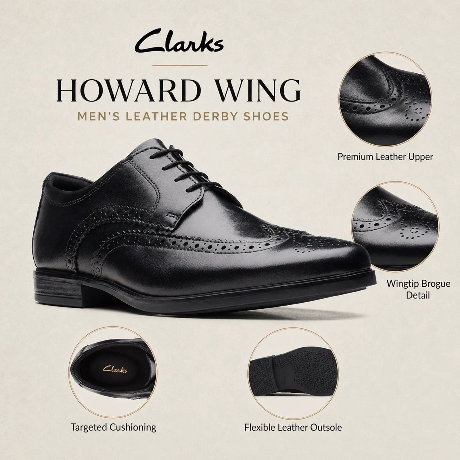 Black leather wingtip brogue derby shoes with lace-up front