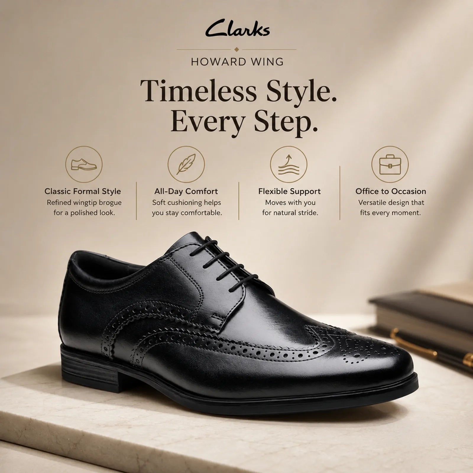 Black leather brogue derby shoes with lace-up closure and wingtip pattern