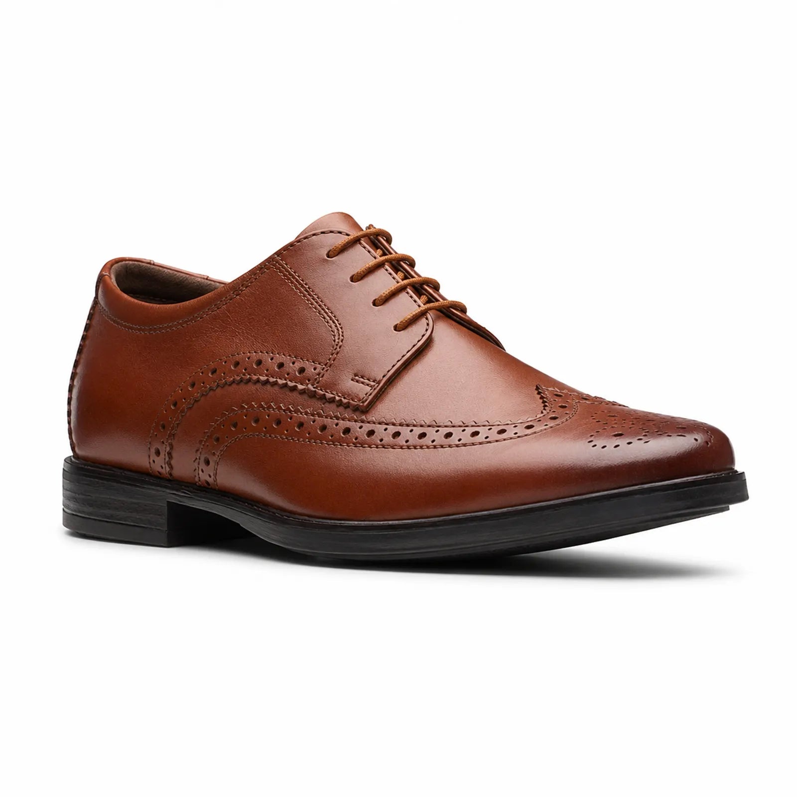 Dark brown leather brogue derby shoes with lace-up closure and wingtip detailing