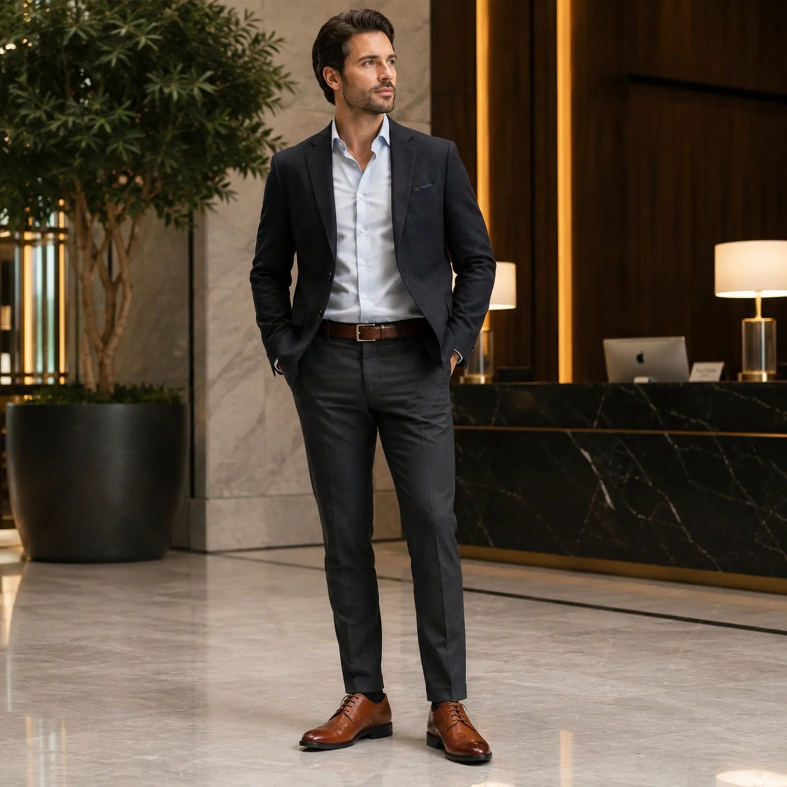Dark brown leather lace-up brogue formal shoes worn with dark trousers