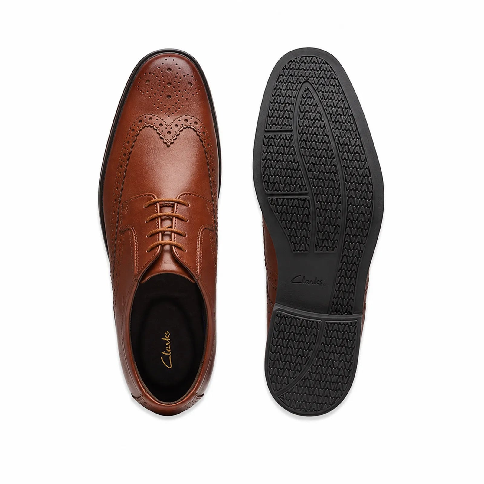 Dark brown leather derby shoes, front and sole view with lace-up design