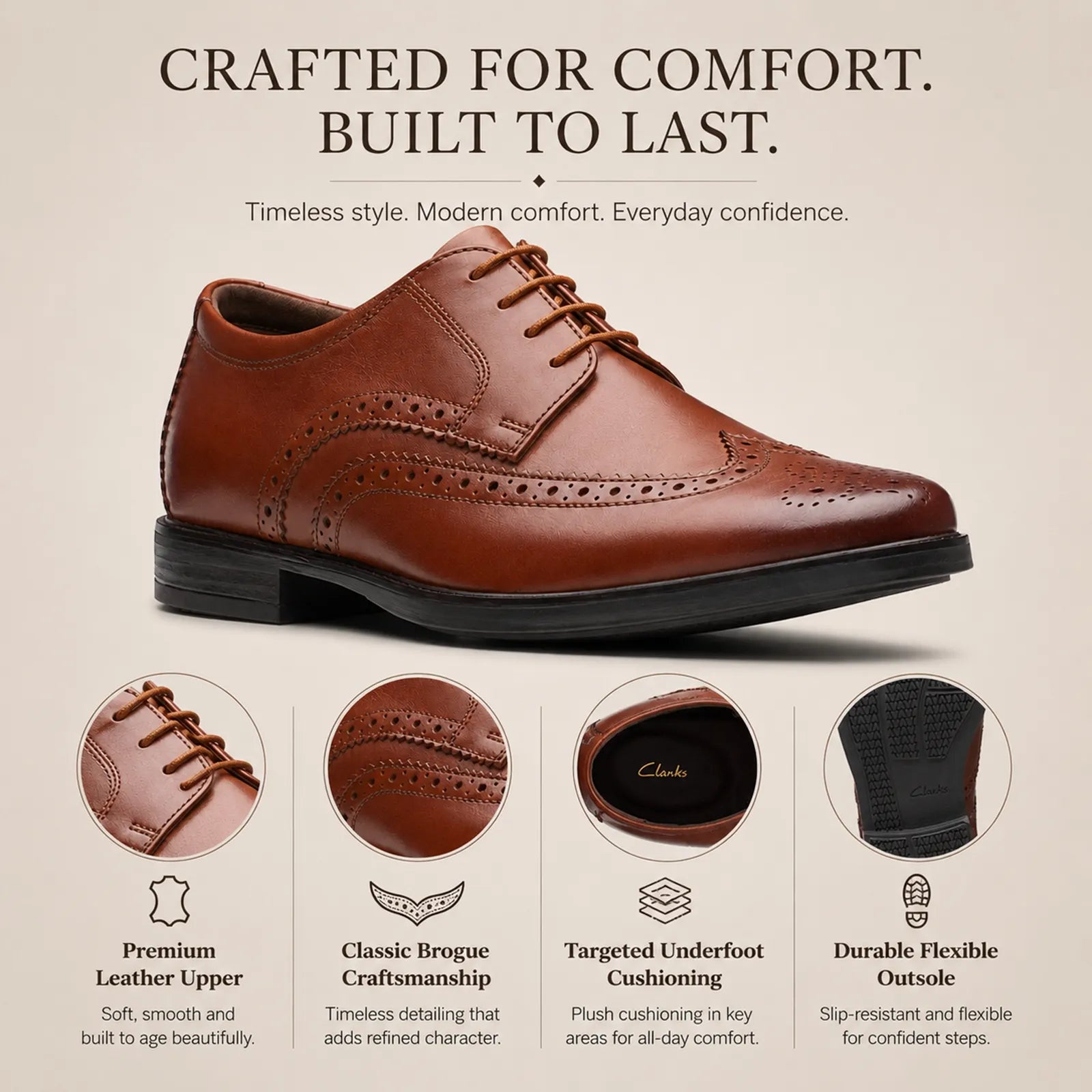 Men's dark brown leather brogue lace-up formal shoes, wingtip perforations