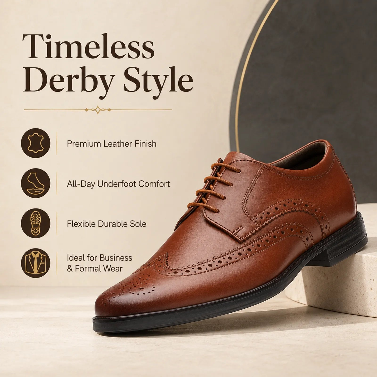 Men's dark brown leather derby formal shoes with brogue wingtip detailing, lace-up