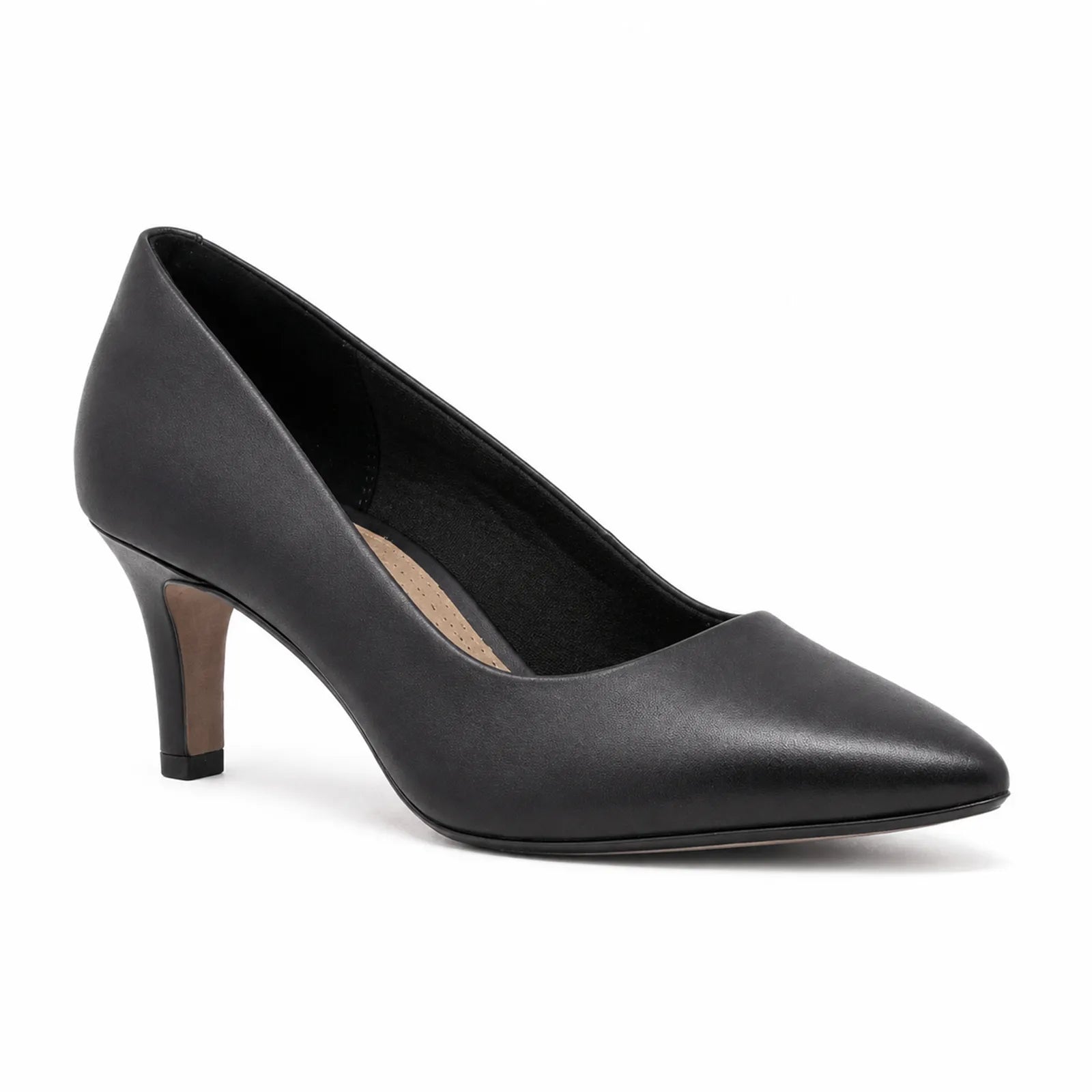 Black women's pointed-toe heeled pumps with sculpted heel and smooth upper