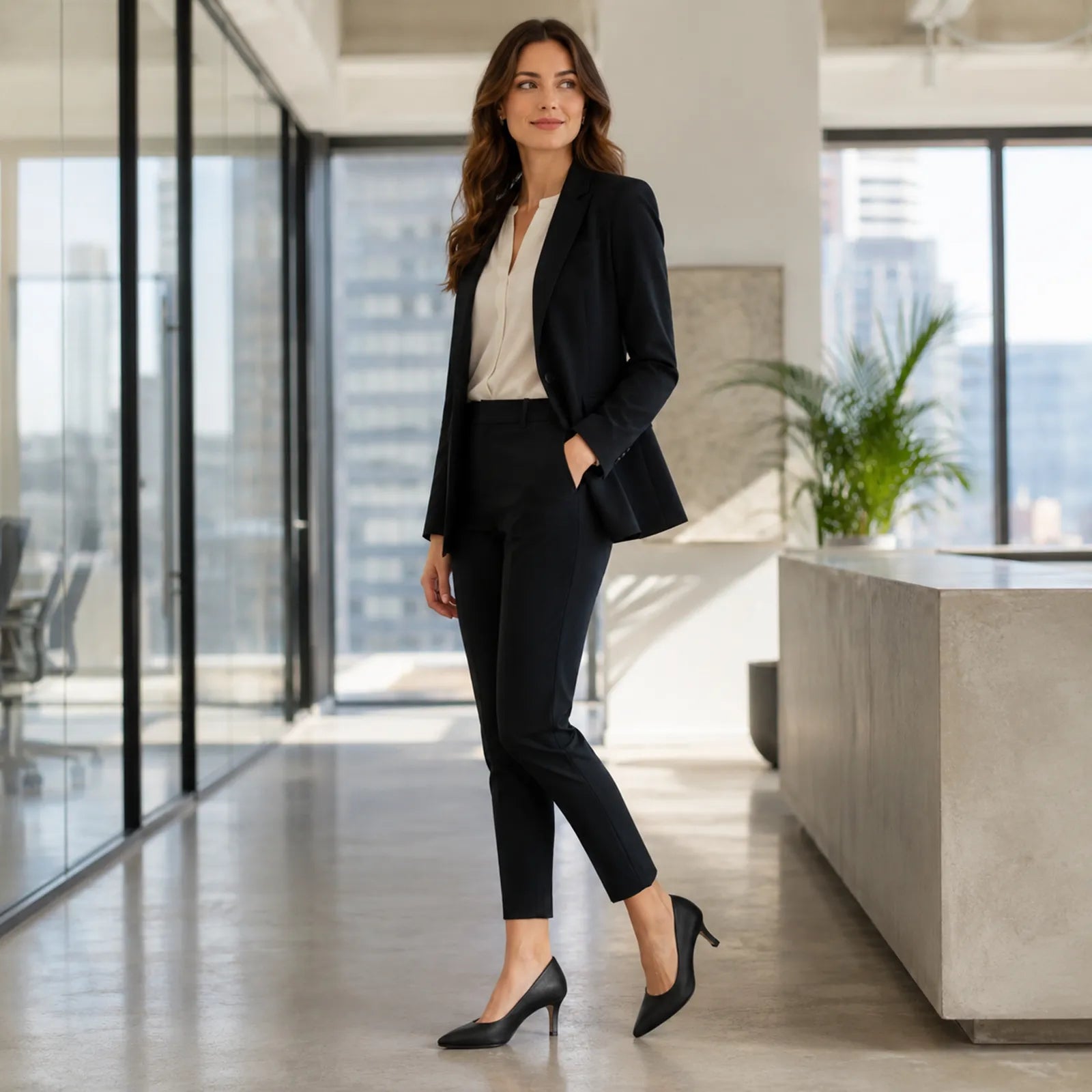 Woman wearing black formal pointed-toe heeled pumps with sculpted heel