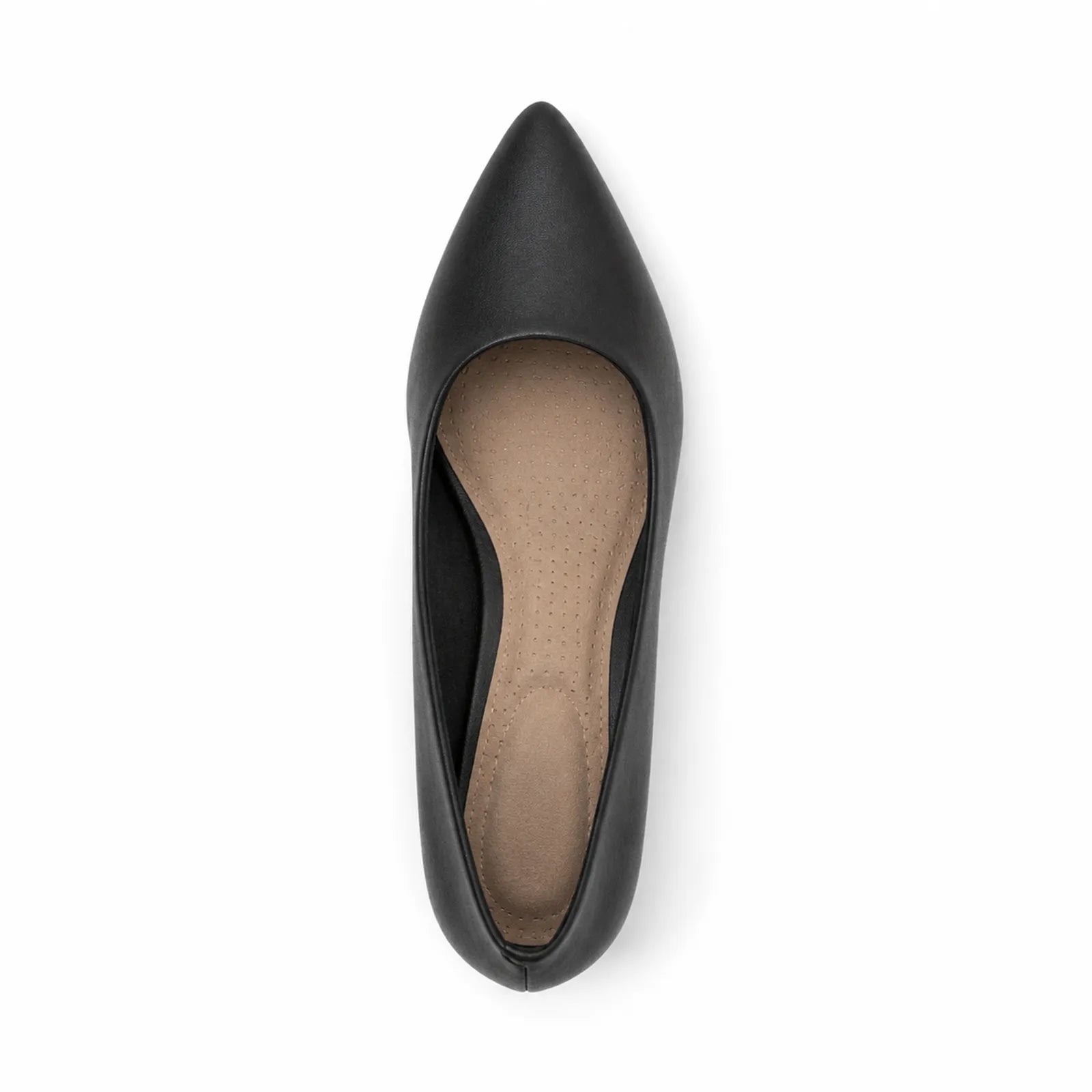 Black pointed-toe pump showing tan insole and interior lining